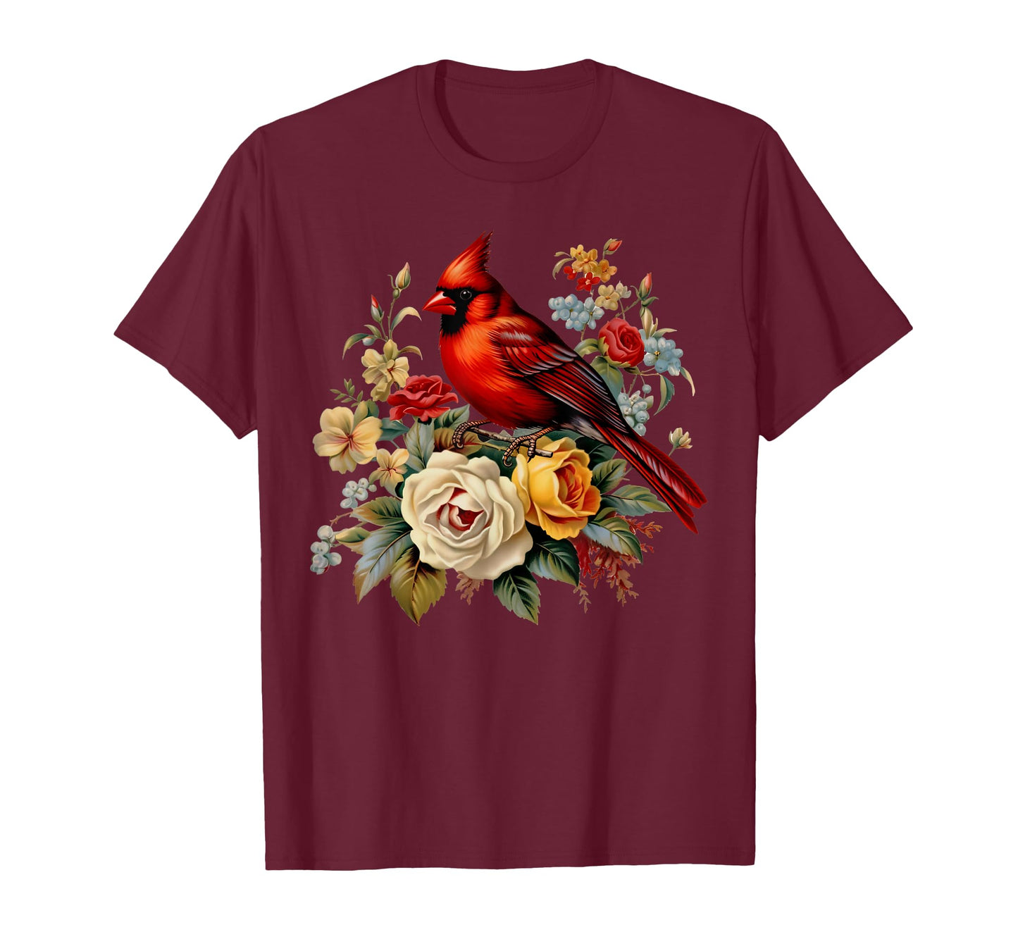 Red Cardinal Bird Roses Floral Nature Bird Watching T-Shirt