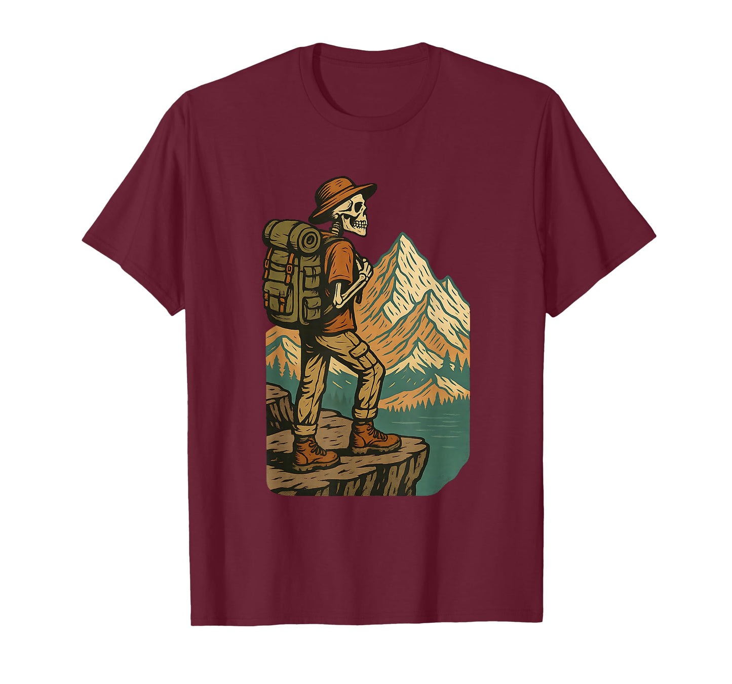 Funny Skeleton Hiker Camping Mountains Vintage Halloween T-Shirt