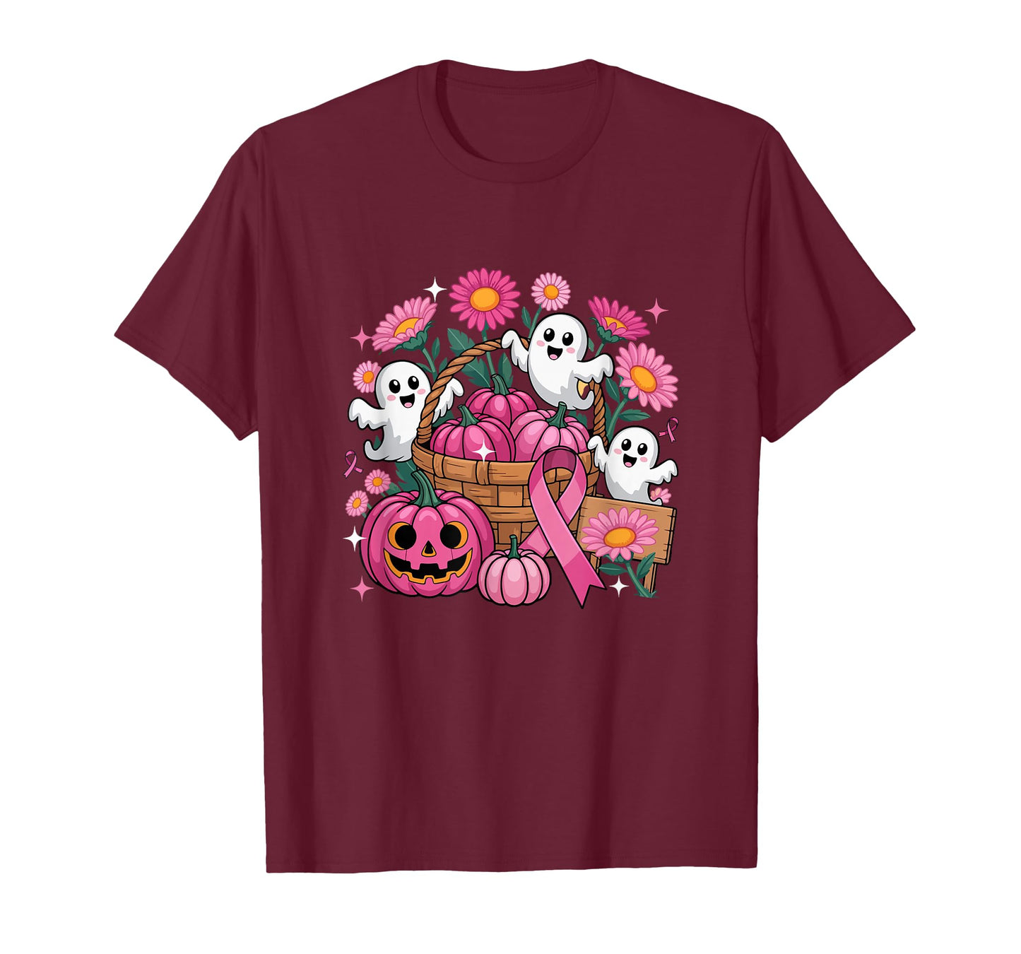 Floral Group Boos Halloween Breast Cancer Awareness Ribbon T-Shirt