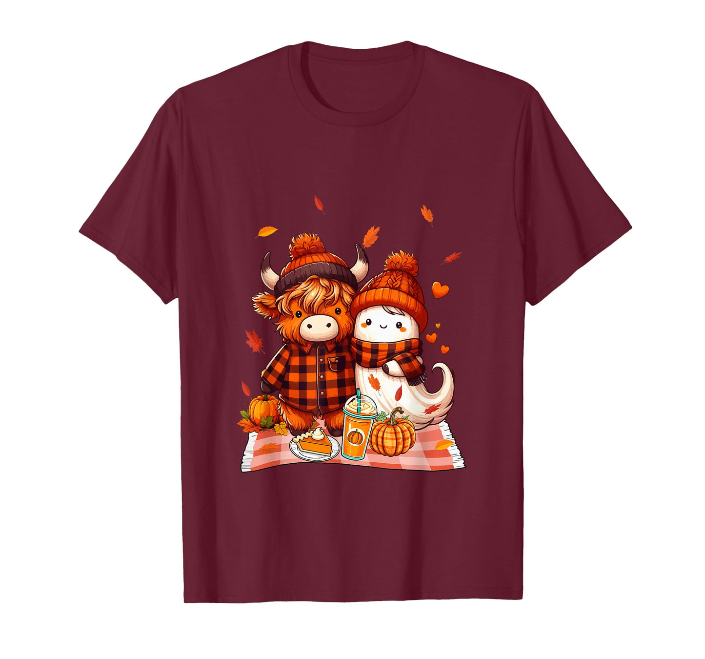 Highland Cow with Boo Halloween Thanksgiving Fall Pumpkins T-Shirt