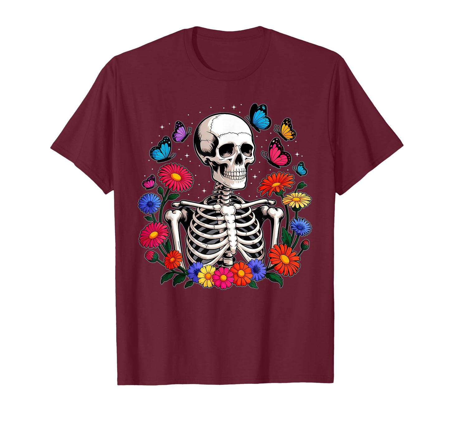 Skeleton Flowers Butterfly Floral Halloween Men Women T-Shirt