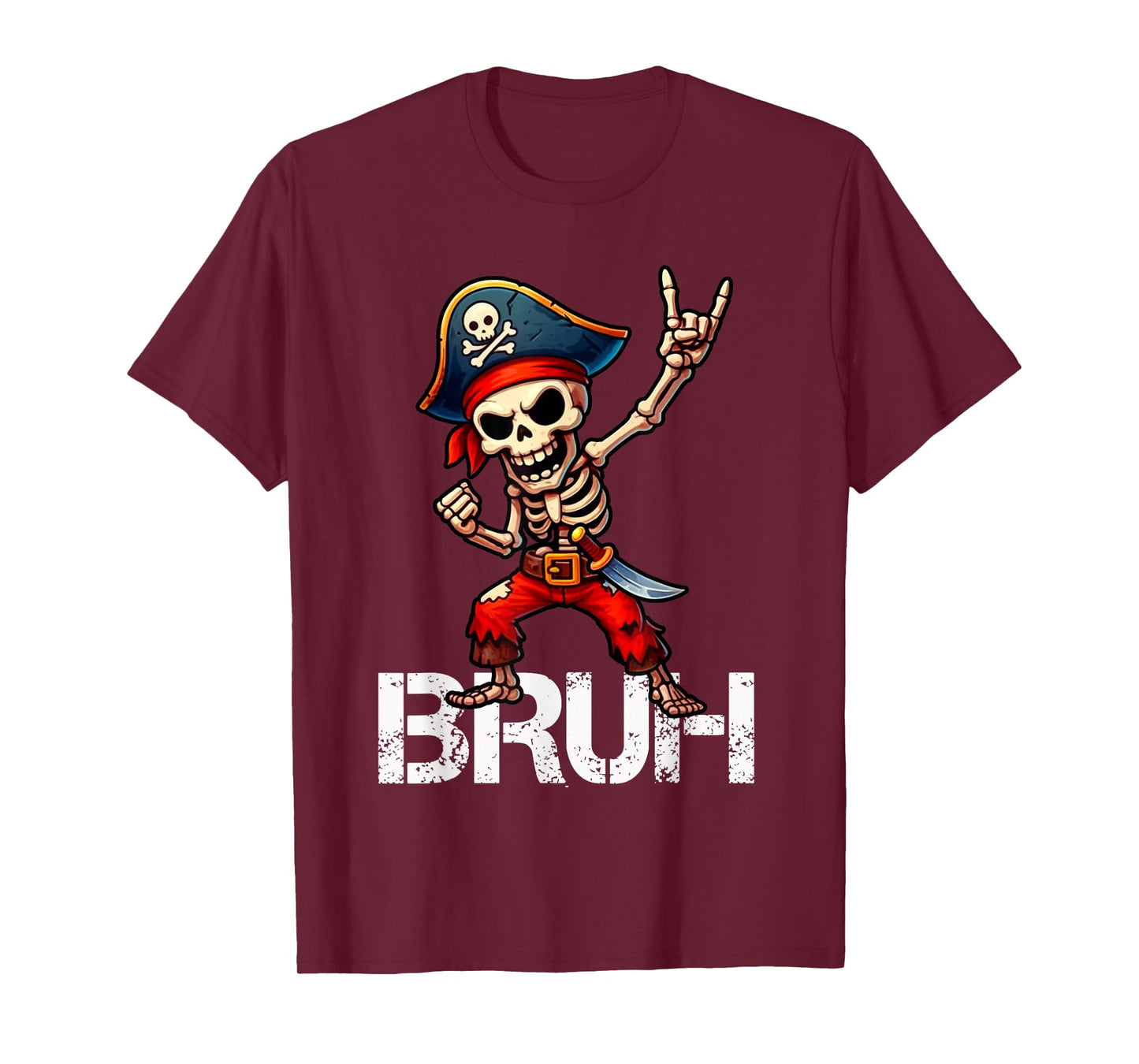 Bruh Pirate Skeleton Rock on Funny Halloween Pirate Men Boys T-Shirt