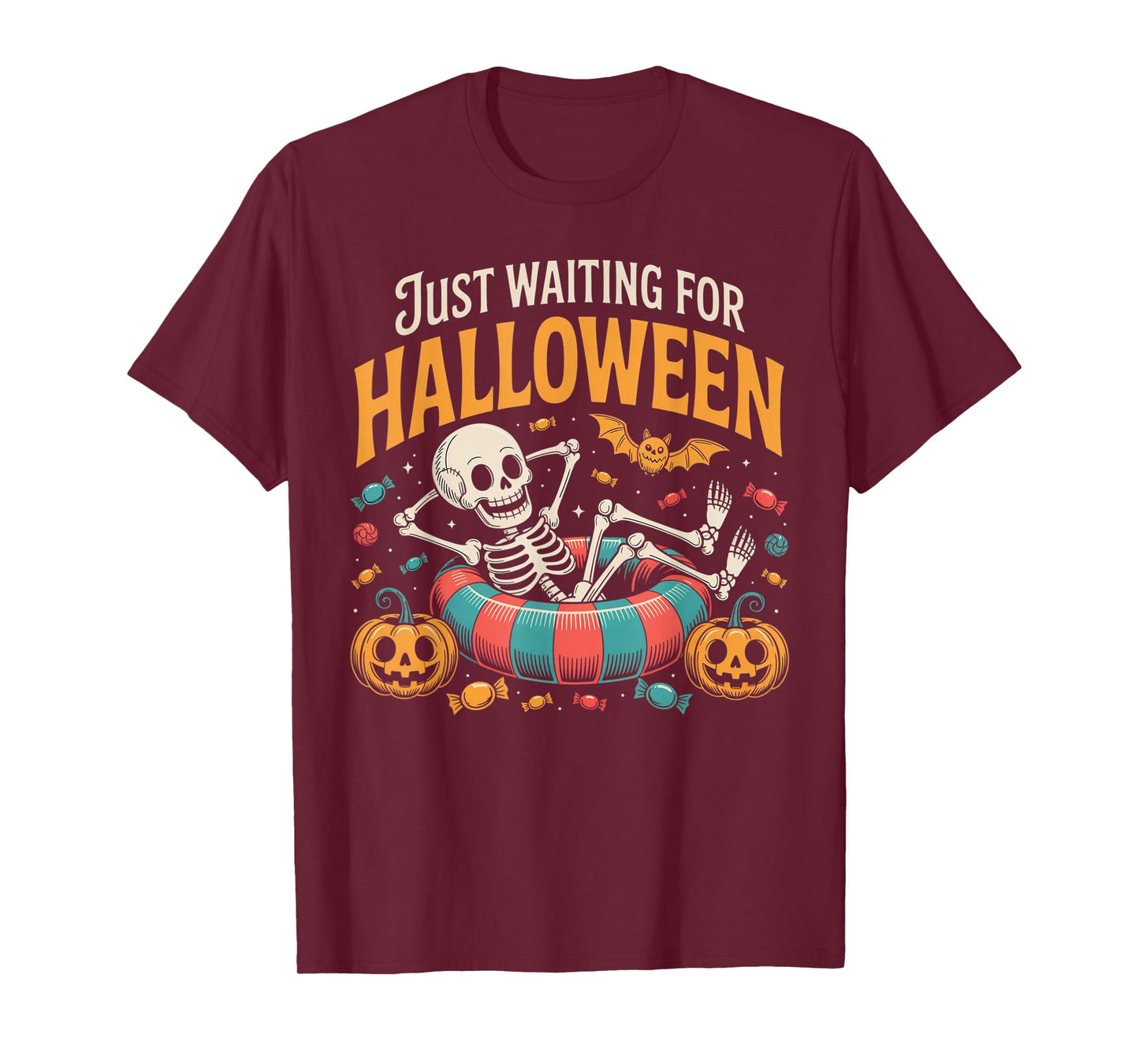 Just Waiting for Halloween Funny Skeleton Spooky Summerween T-Shirt