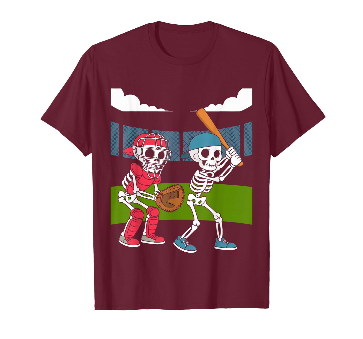 Halloween Skeleton Baseball Field Batter Catcher Graphic T-Shirt