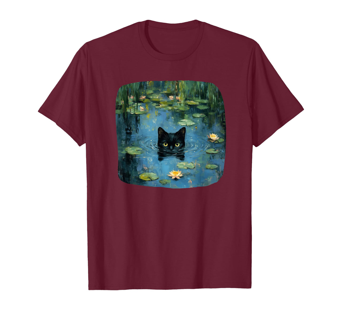 Mystical Black Cat Swimming in Waterlily Pond Art Lover Men Women Kids T-Shirt