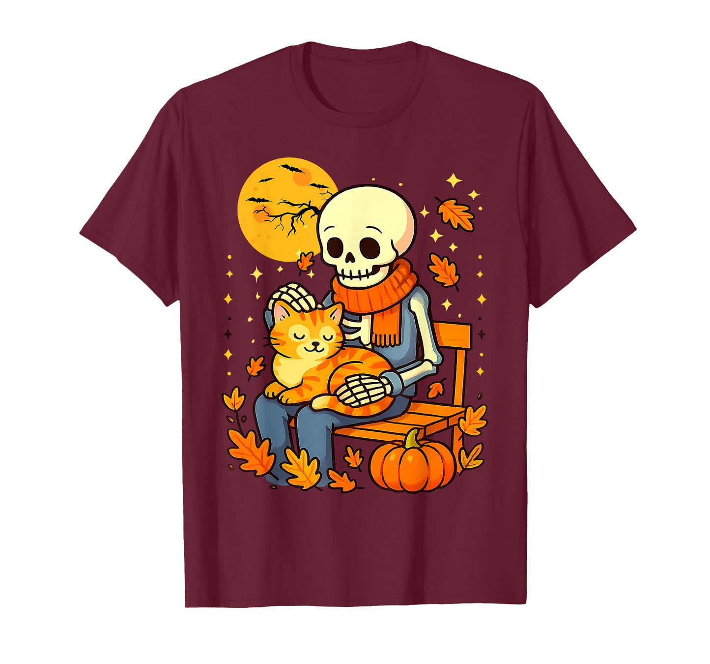 Skeleton Hugging Cat Floral Autumn Halloween Cats Lover T-Shirt
