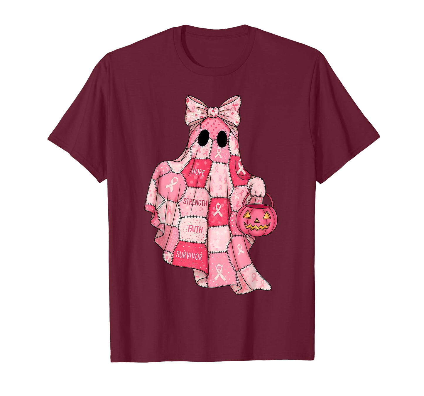 Pink Patchwork Ghost Witch Breast Cancer Awareness Halloween T-Shirt