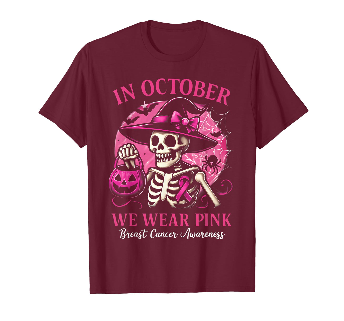 Halloween Skeleton in October We Wear Pink Breast Cancer T-Shirt