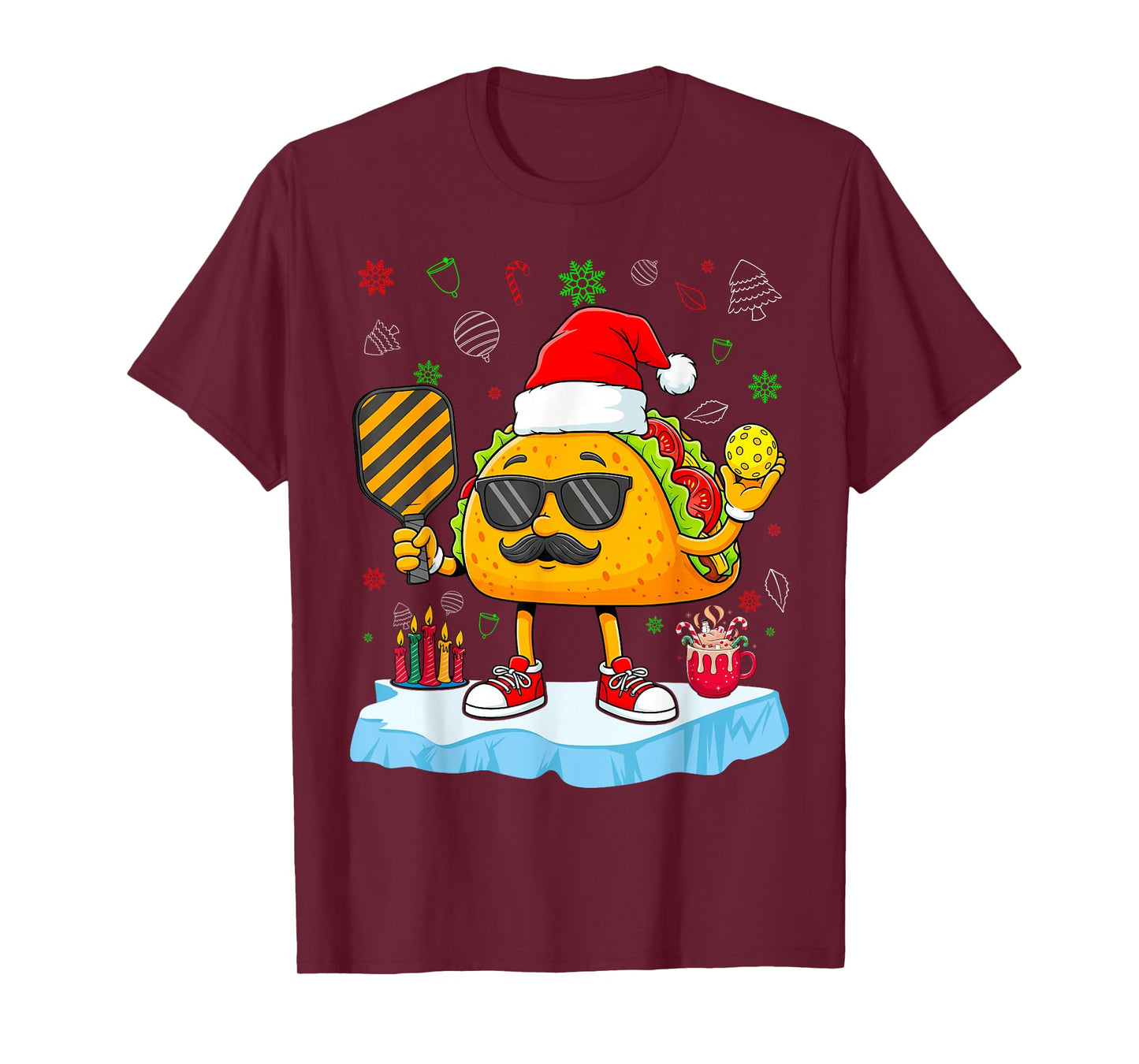 Taco with Santa Hat Playing Pickleball Christmas Party T-Shirt
