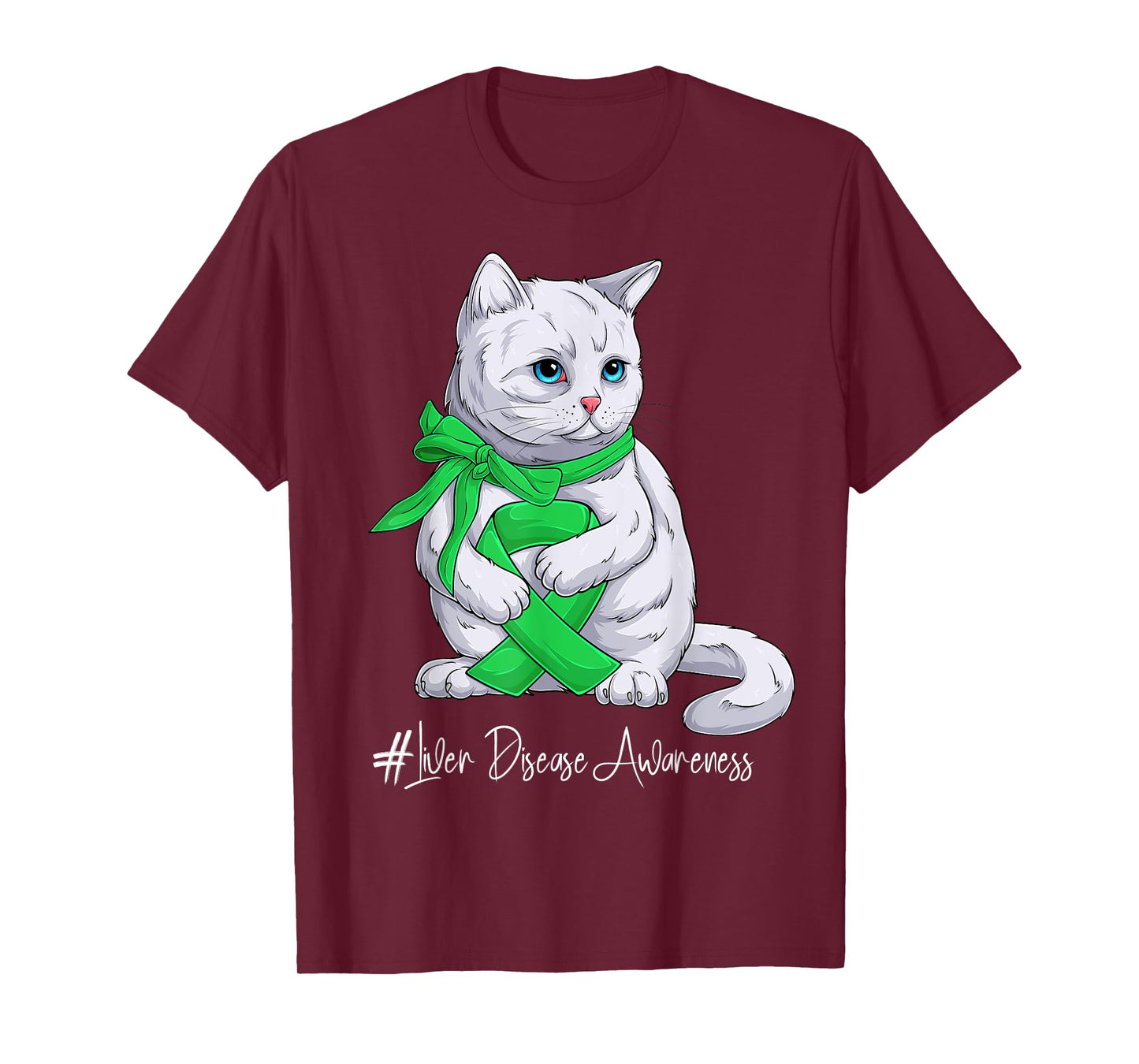 Liver Disease Awareness Month Green Ribbon Cat T-Shirt for Men Women Kids