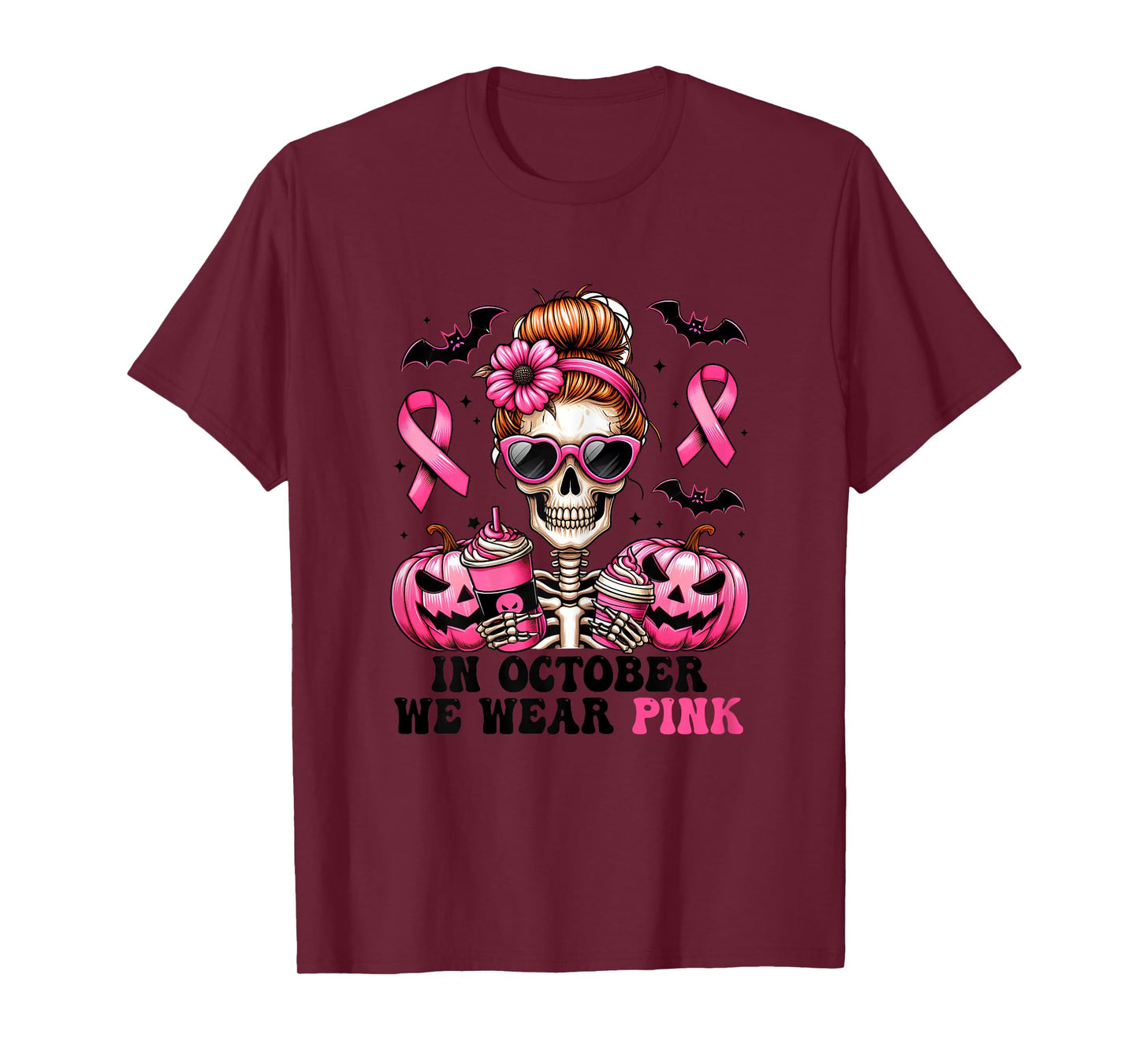 In October We Wear Pink Breast Cancer Skeleton Halloween T-Shirt