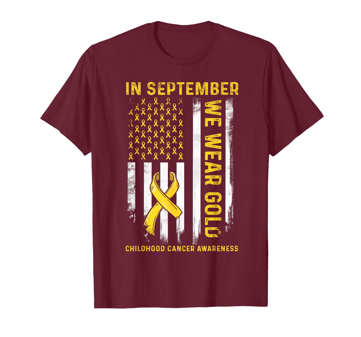 in September We Wear Gold Us Flag Childhood Cancer Awareness T-Shirt