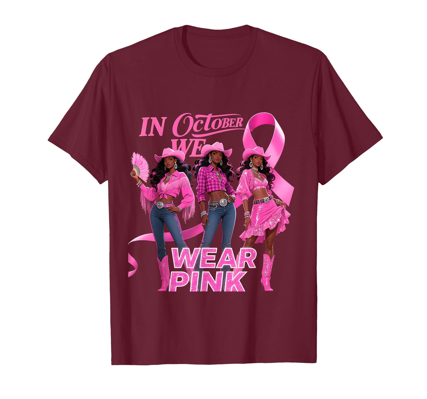 in October We Wear Pink Cowgirl Melanin Rodeo Breast Cancer T-Shirt