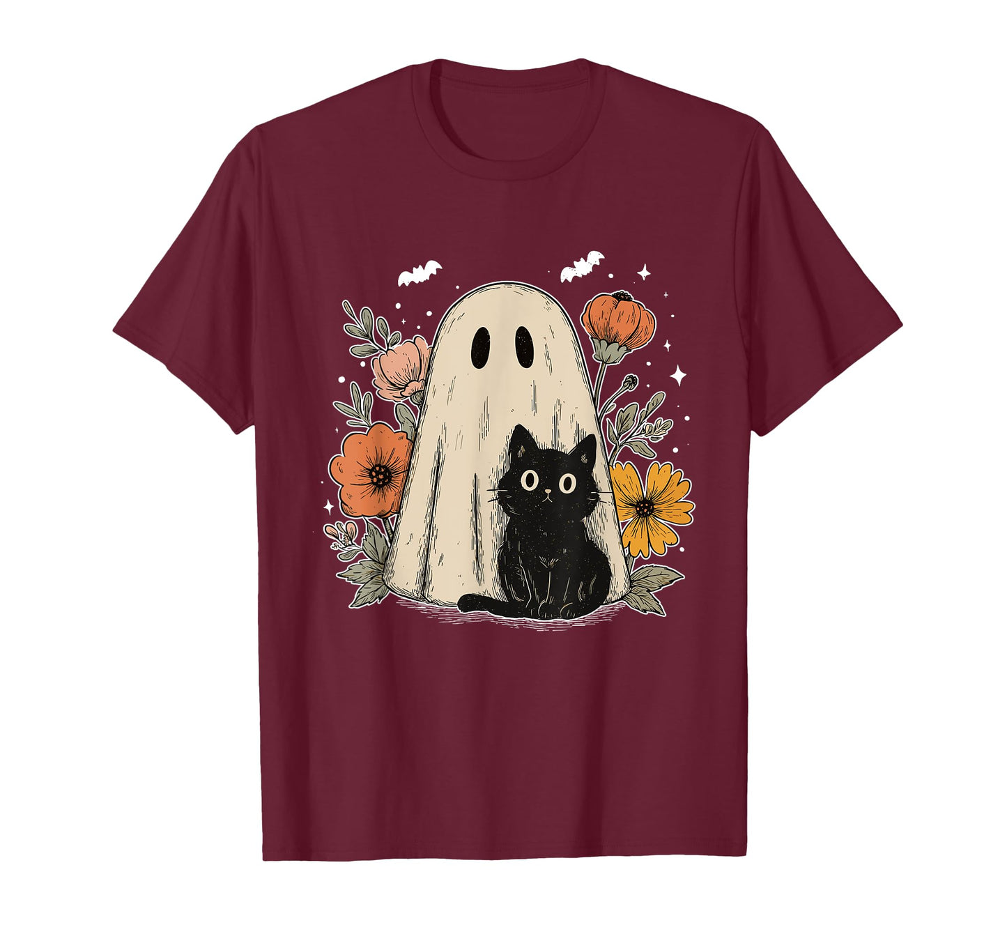 Spooky Vibes Floral Black Cat Ghost Halloween Pumpkin Spooky T-Shirt