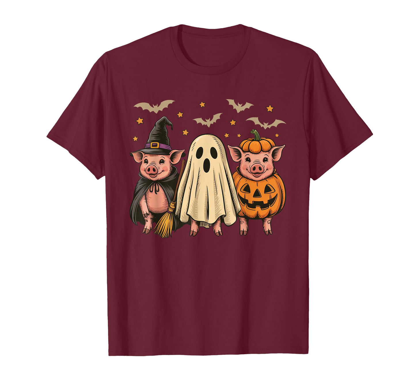 Three Halloween Pigs Cosplay Witch Boo Carved Pumpkin T-Shirt