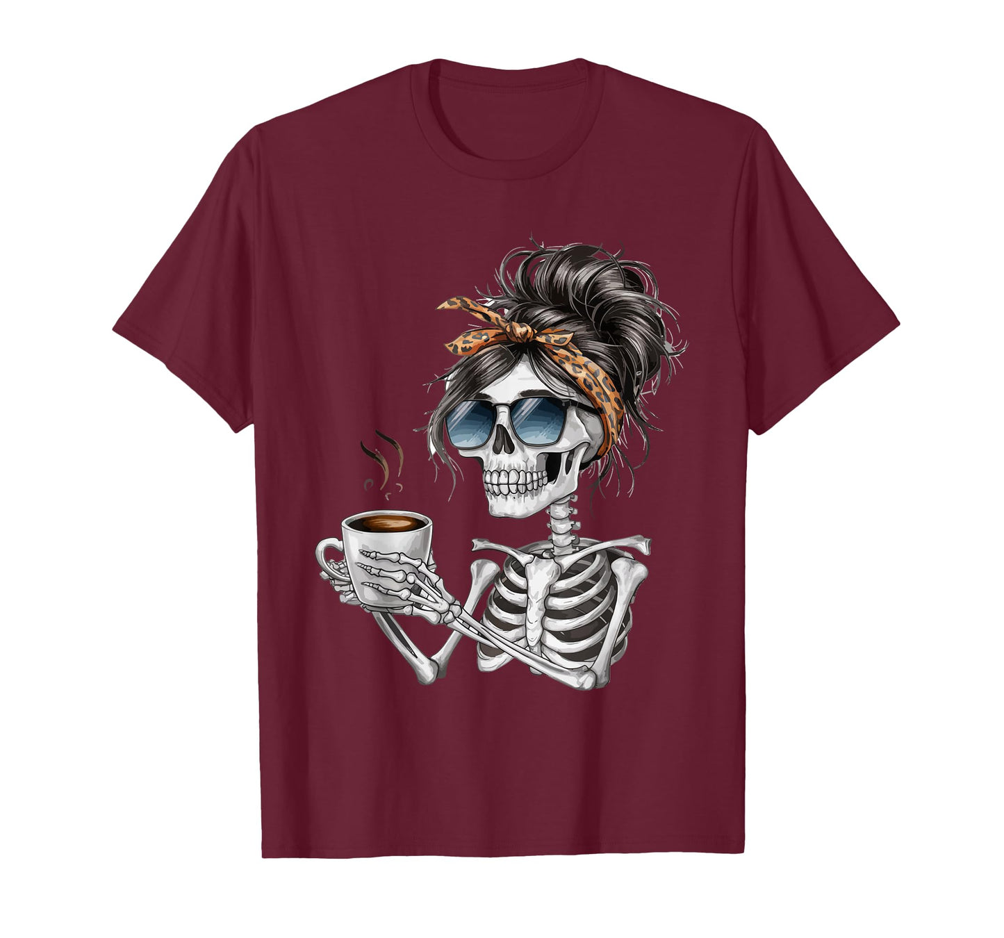 Skeleton Messy Bun Coffee Halloween Coffee Lover Women T-Shirt