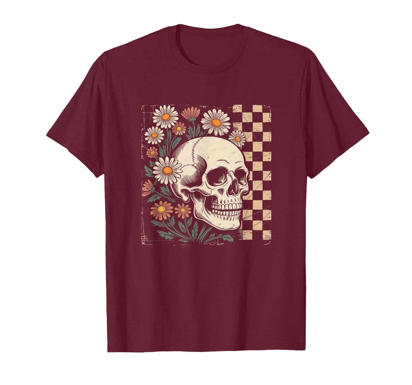 Checkered Floral Skeleton Halloween Spooky Season T-Shirt