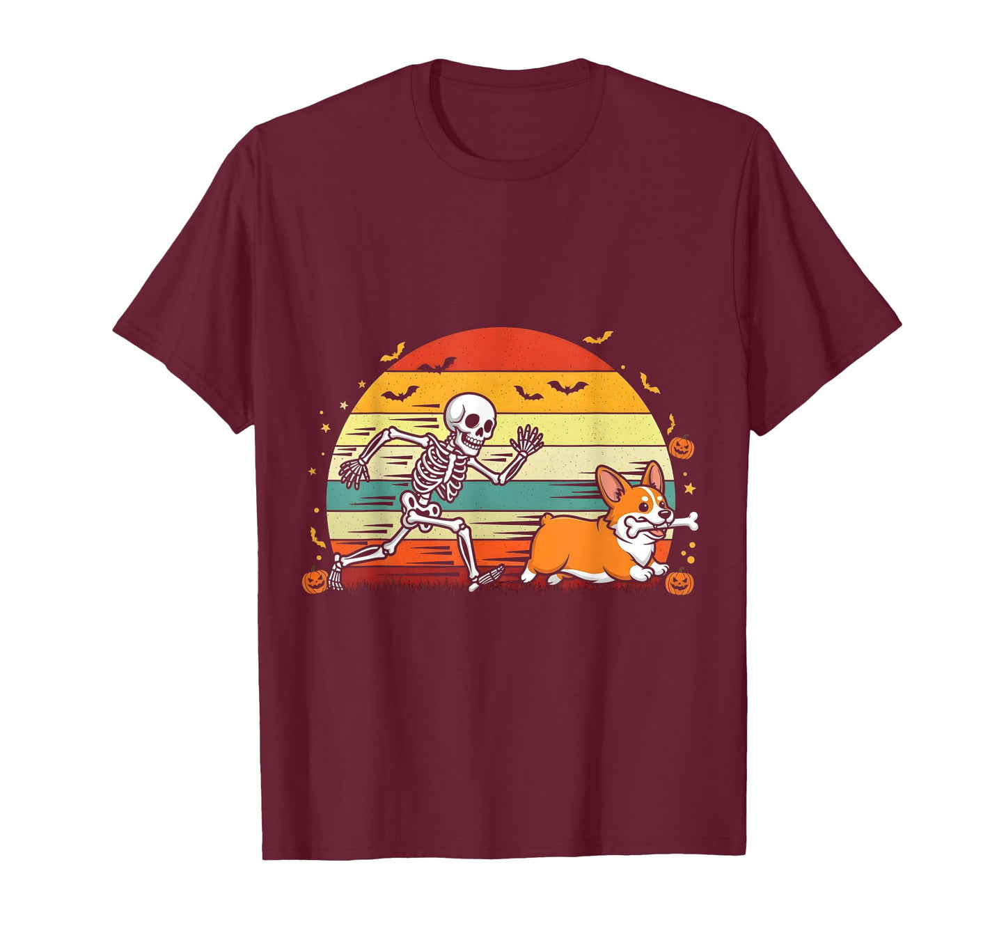 Skeleton Chasing Corgi Funny Halloween T-Shirt