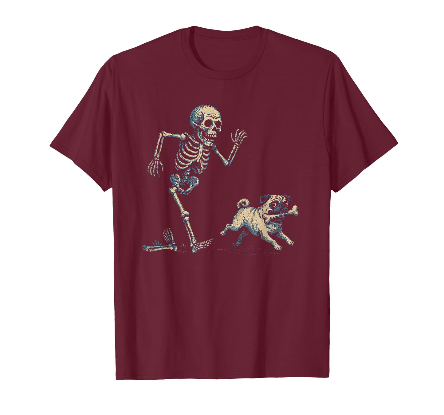 Funny Skeleton Chasing Pug Halloween Dog Mom Pug Lover T-Shirt
