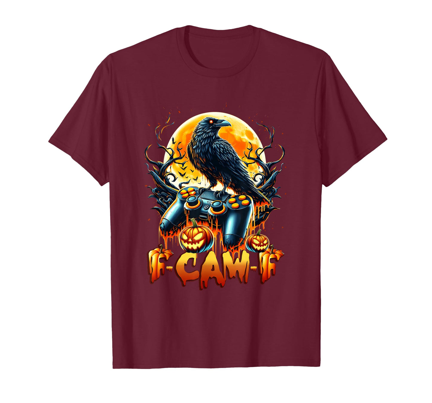 Halloween Gamer Pumpkin Dripping Crow Raven Bird F-Caw-F T-Shirt