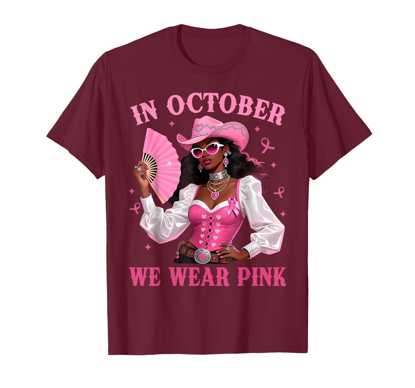 in October We Wear Pink Afro Western Cowgirl Breast Cancer T-Shirt