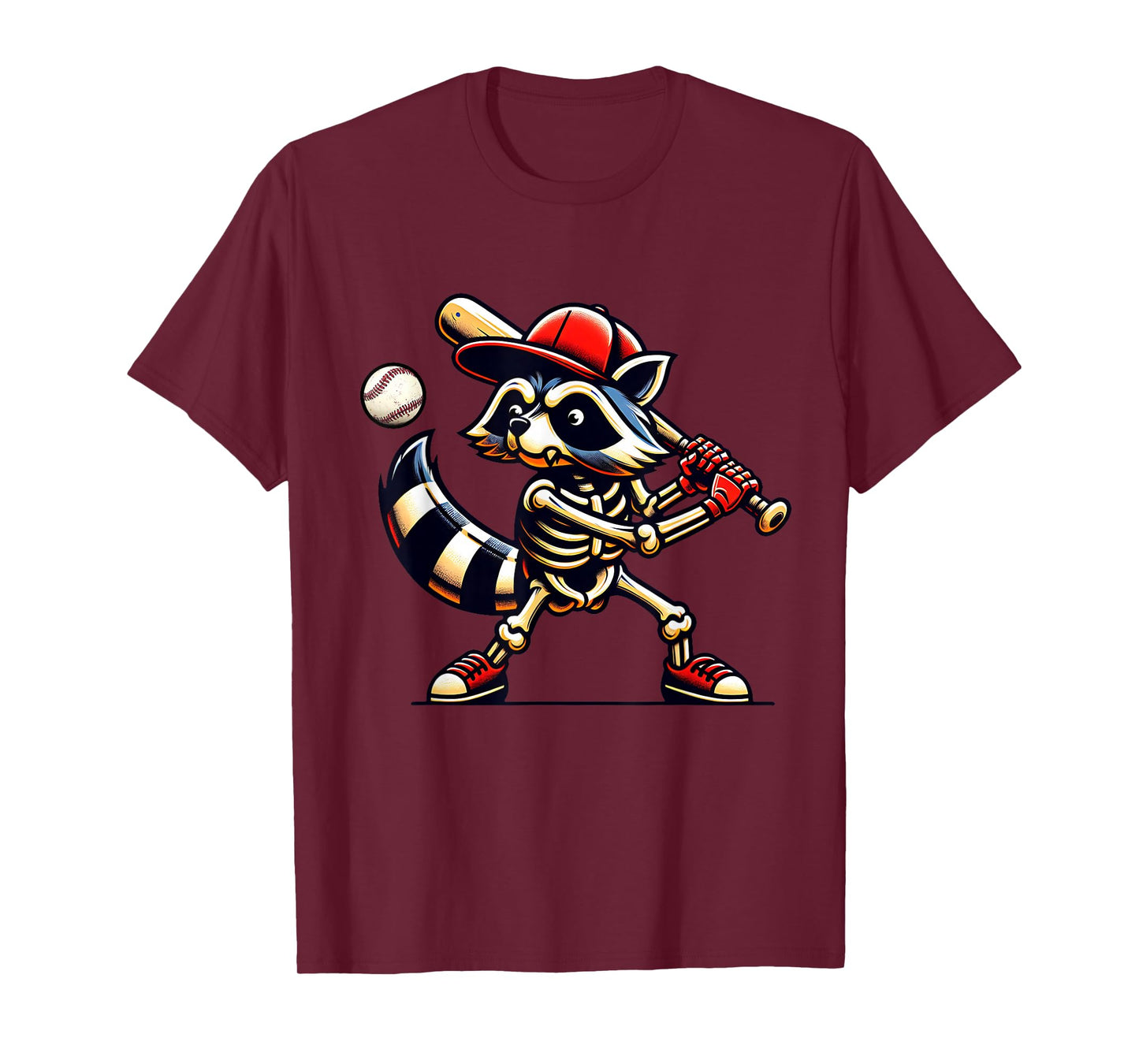 Raccoon Skeleton Baseball Halloween Boys Slugger Trash Panda T-Shirt
