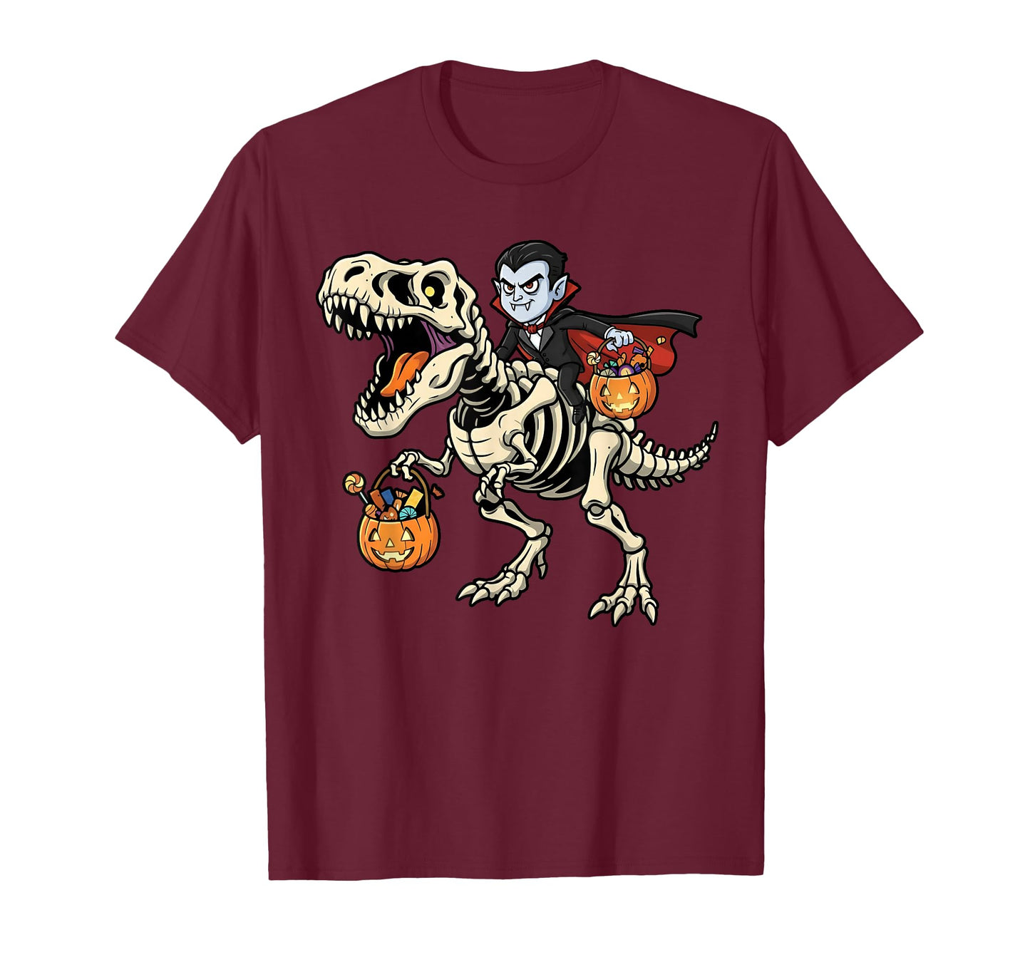 Vampire Riding Skeleton T-Rex Funny Halloween Dinosaur T-Shirt