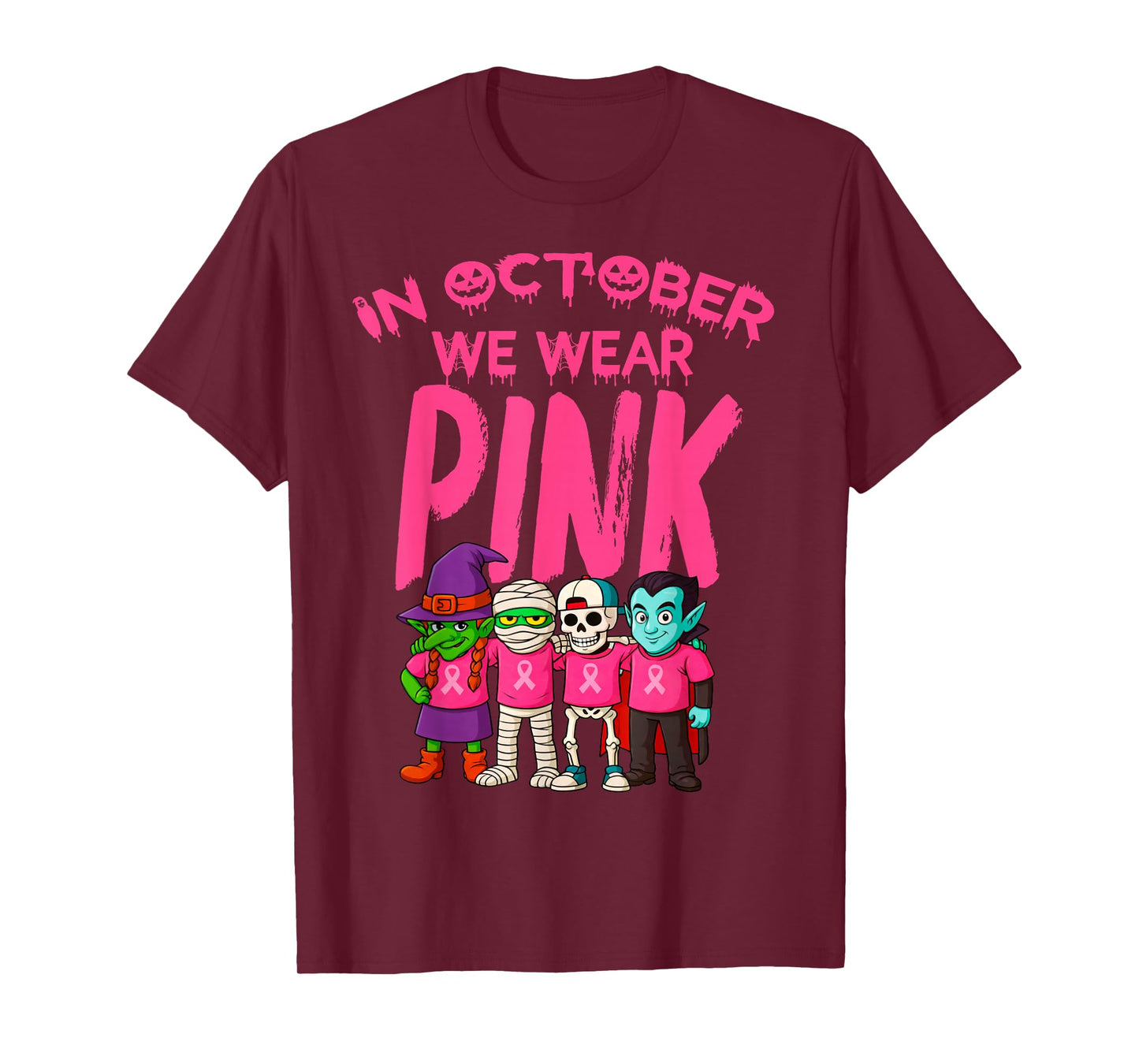 Support Squad Breast Cancer Witch Mummy Skeleton Wear Pink T-Shirt