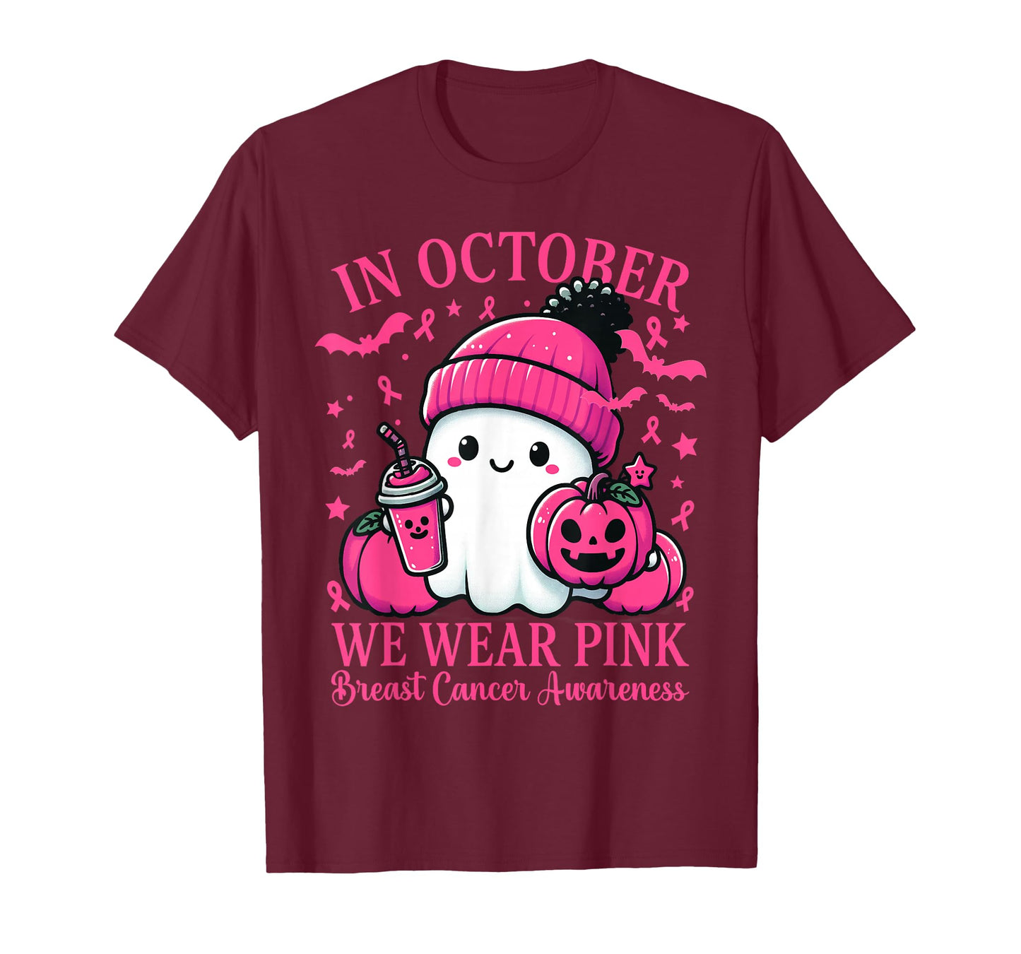 in October We Wear Pink Breast Cancer Boo Ghost Halloween T-Shirt