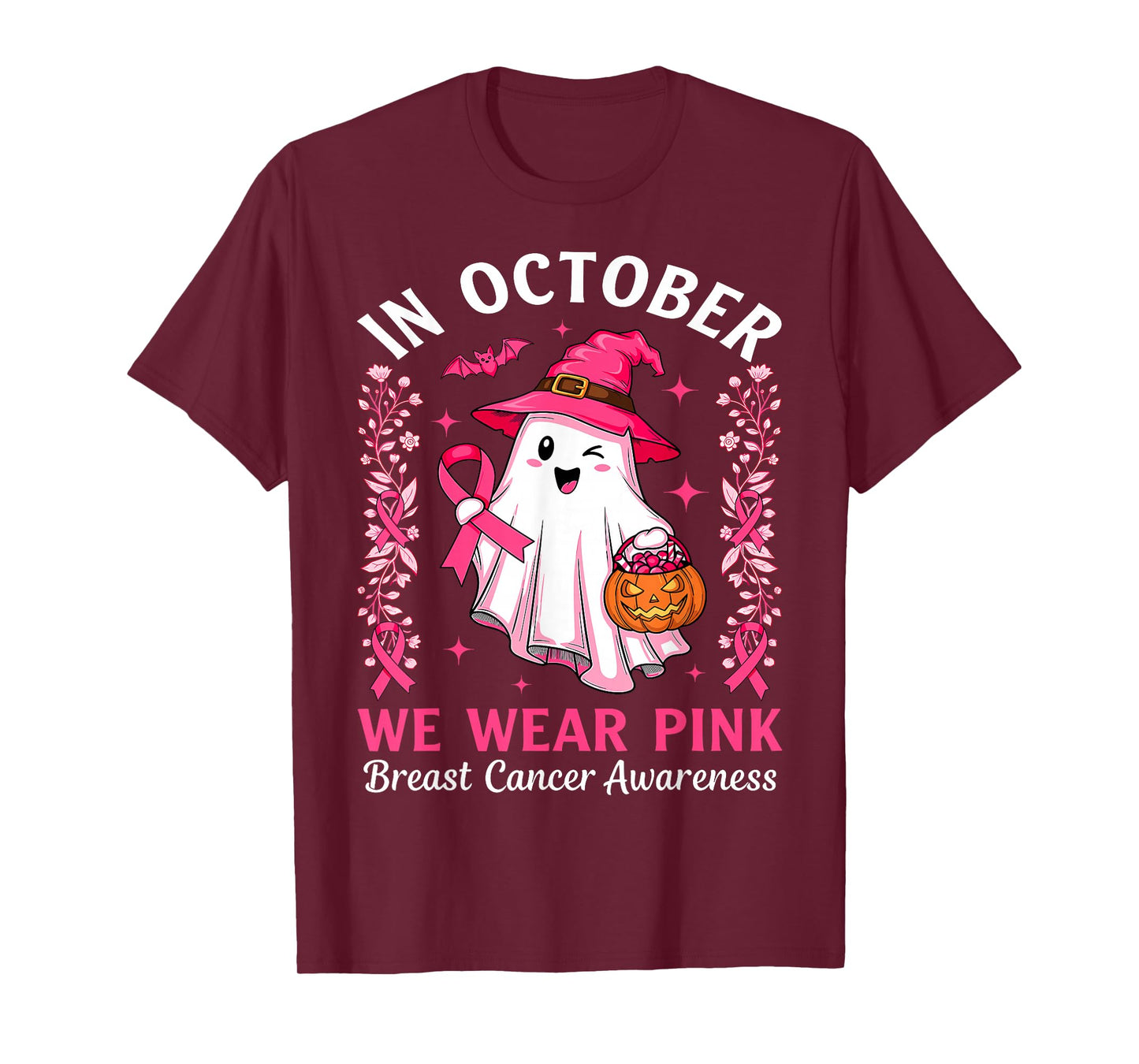 in October We Wear Pink Ghost Witch Breast Cancer Awareness T-Shirt