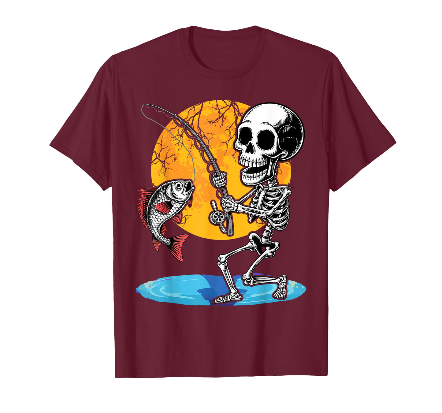 Skeleton Fishing Lazy Halloween Costume Cool Skull Fisherman T-Shirt