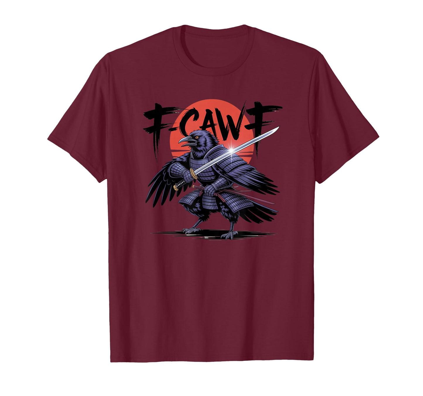 Samurai Crow F-Caw-F Funny Black Bird Red Moon Adult Humor T-Shirt