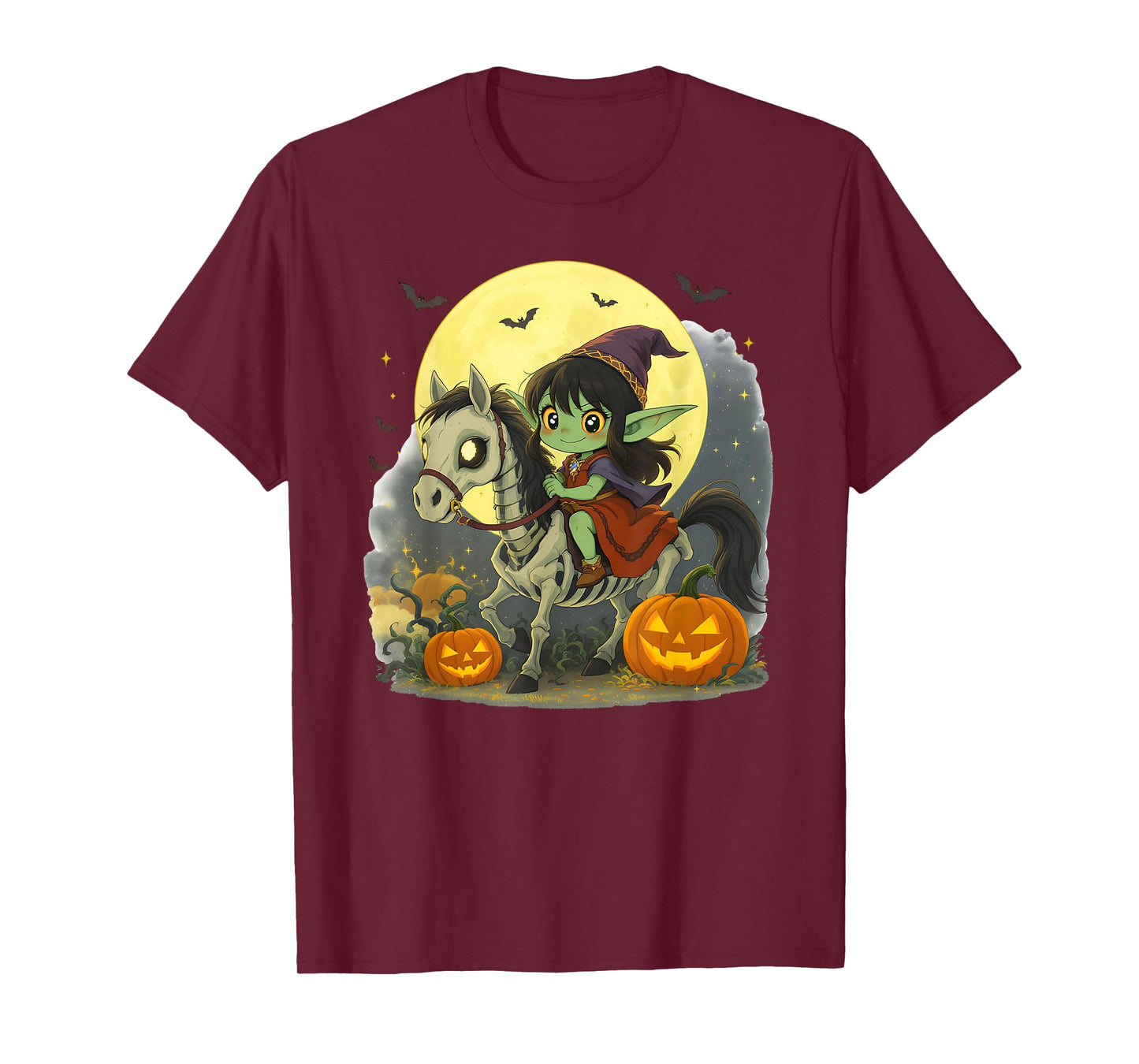 Halloween Girl Dark Elf Goblin Troll Riding Horse Skeleton T-Shirt