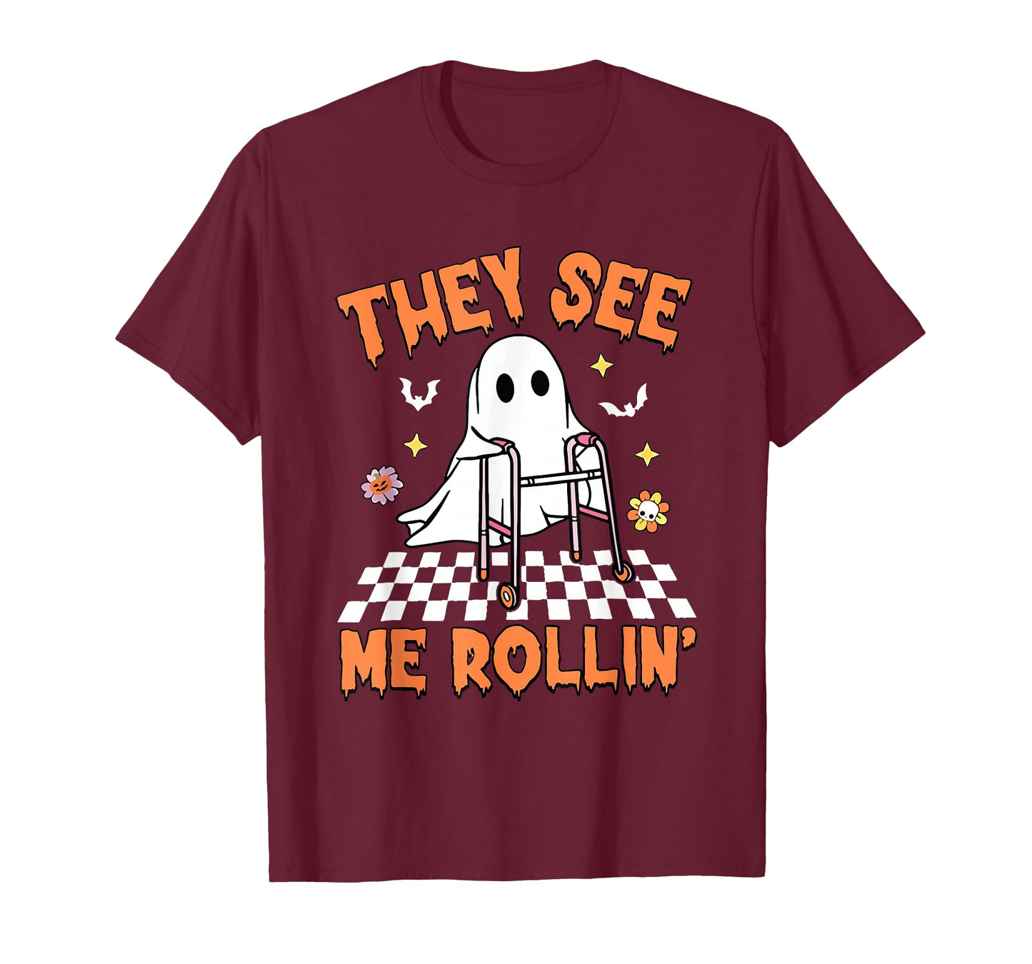 They See Me Rollin' Halloween Checkered Floral Ghost Therapy T-Shirt