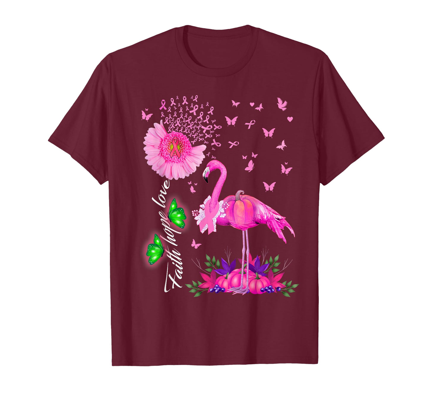 Flamingo Faith Hope Love Pink Pumpkin Ribbon Breast Cancer T-Shirt