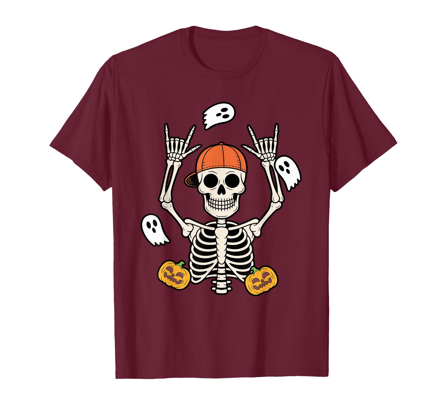 Halloween Skeleton with Pumpkins and Ghosts Rock Pose T-Shirt