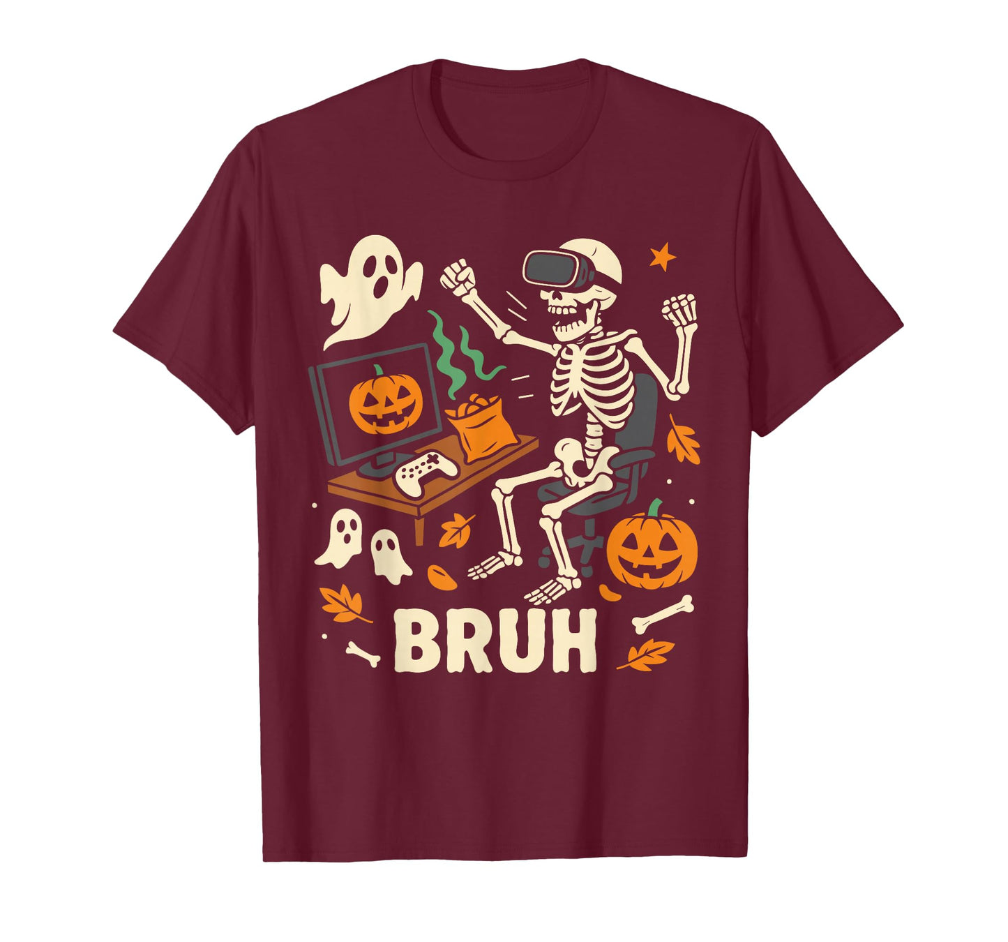 Halloween Video Game Costume Men Boys, Bruh Skeleton Gamer T-Shirt