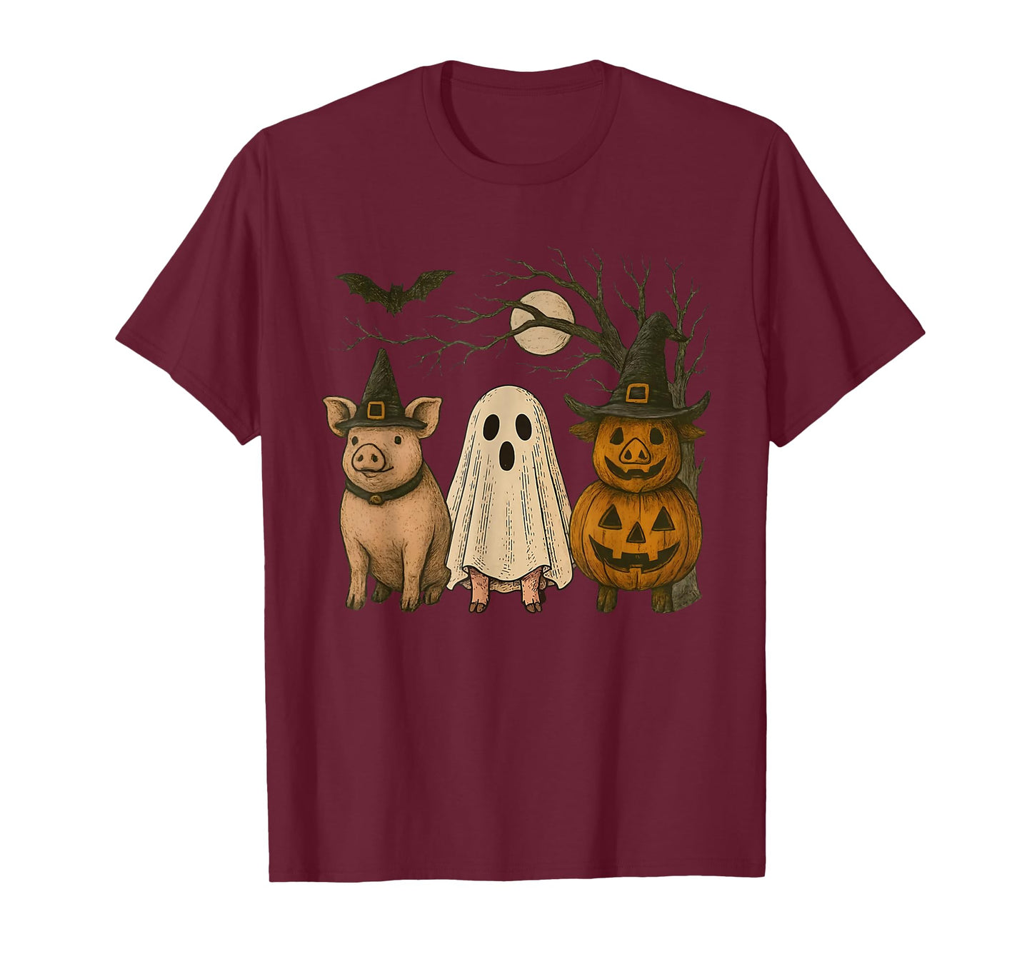Three Halloween Pigs Cosplay Witch Boo Carved Pumpkin T-Shirt