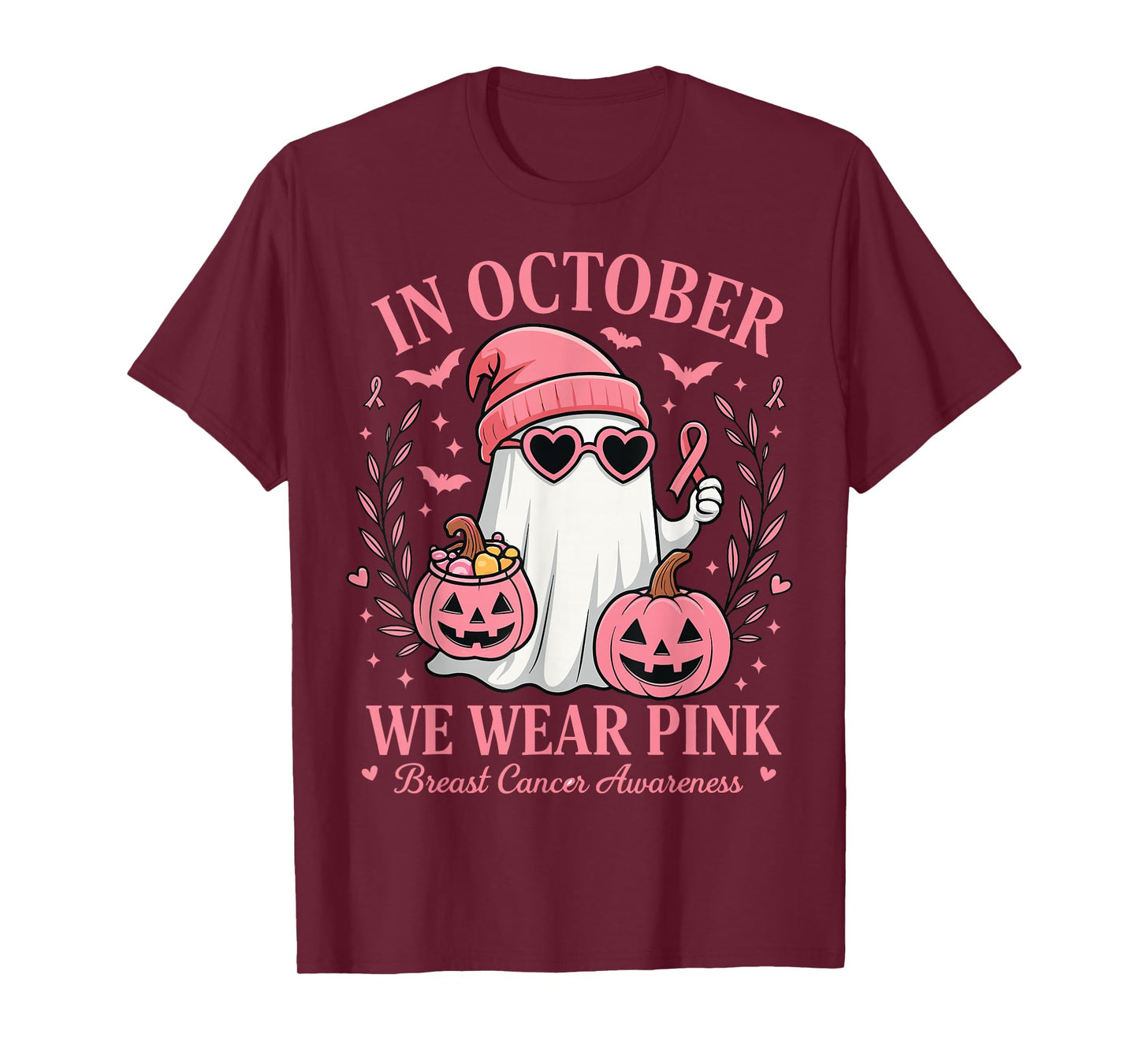 Boo in October We Wear Pink Breast Cancer Halloween Ghost T-Shirt