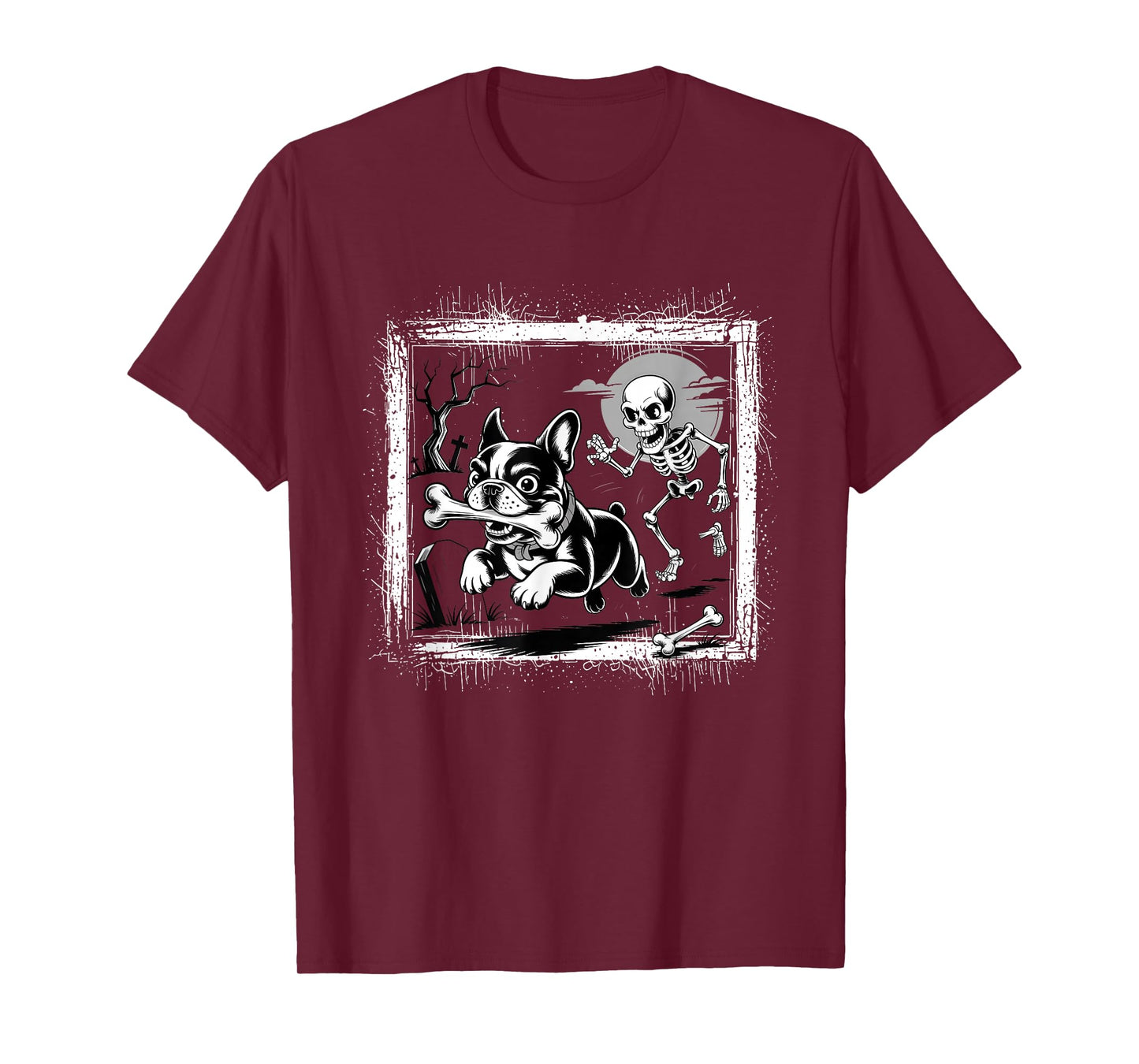 French Bulldog Chasing Skeleton with Bone Halloween T-Shirt