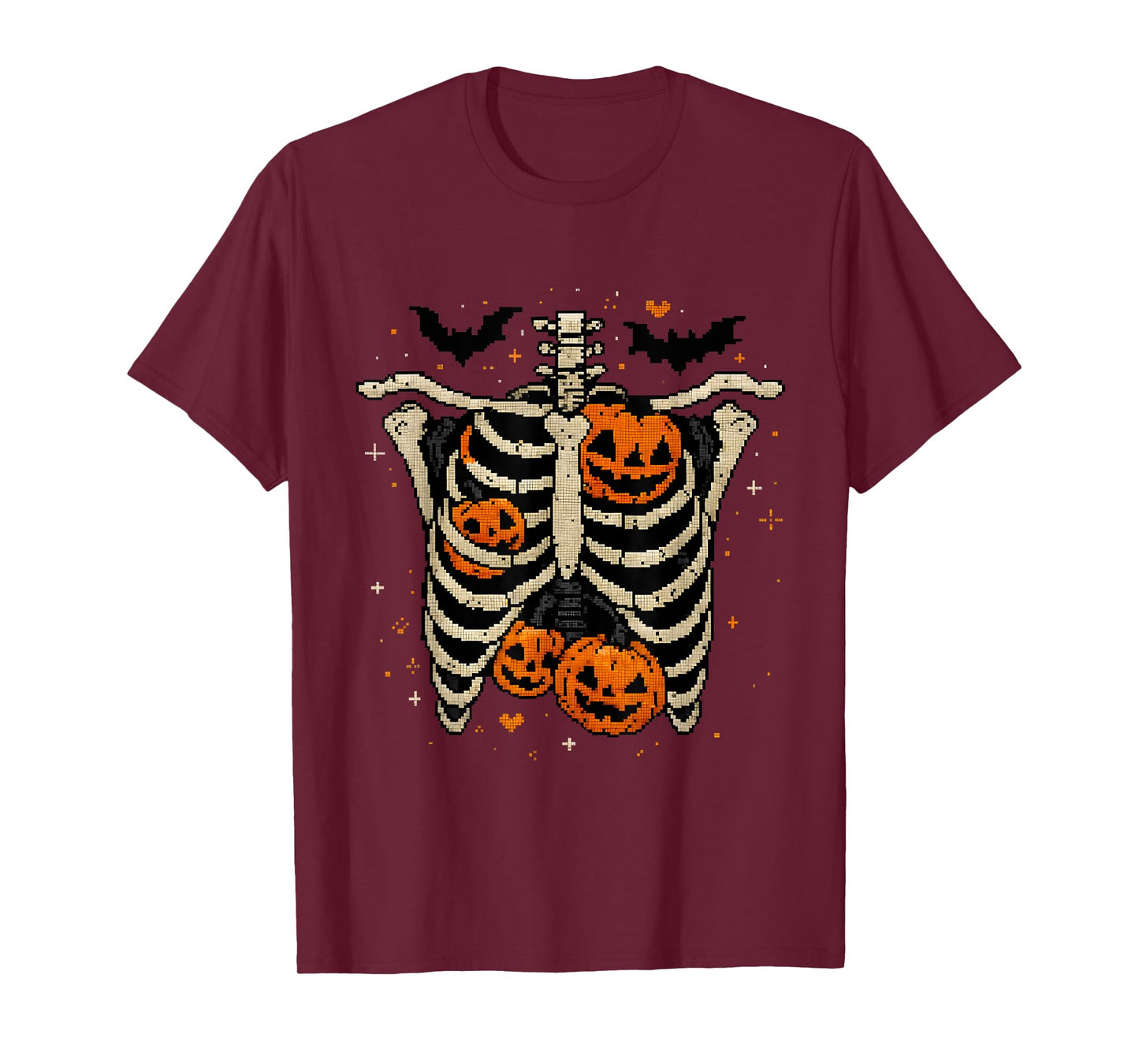 Pixel Skeleton Ribcage Pumpkins Funny Halloween Design T-Shirt