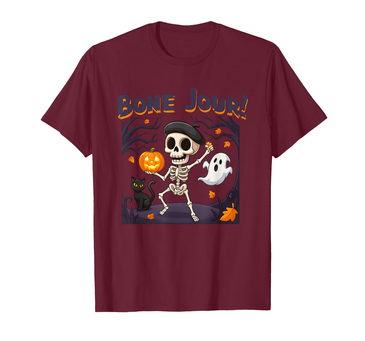 Bone Jour Skeleton Ghost Pumpkin Halloween T-Shirt