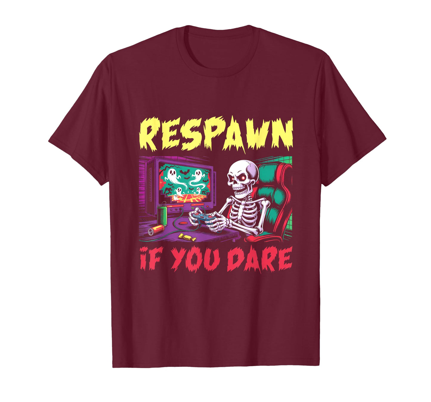 Respawn If You Dare Skeleton Gamer Funny Halloween Gaming T-Shirt