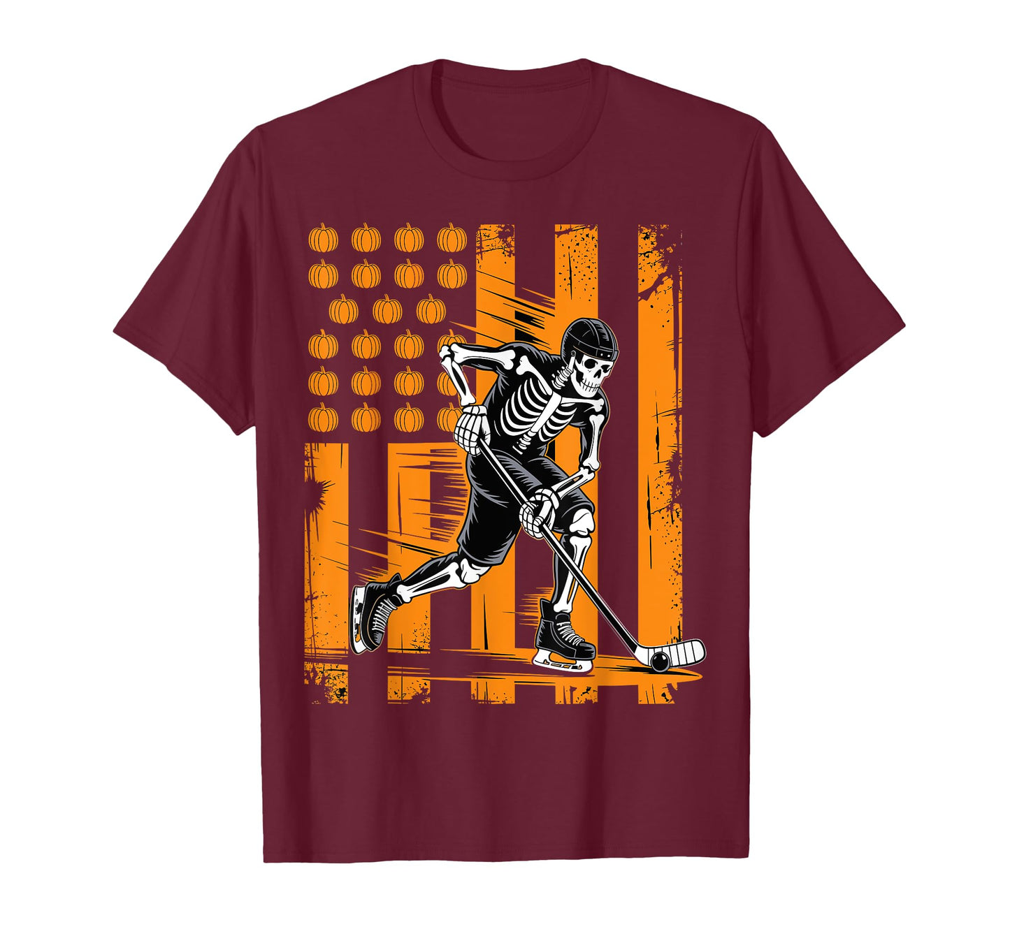 Skeleton Hockey Player Halloween American Flag T-Shirt