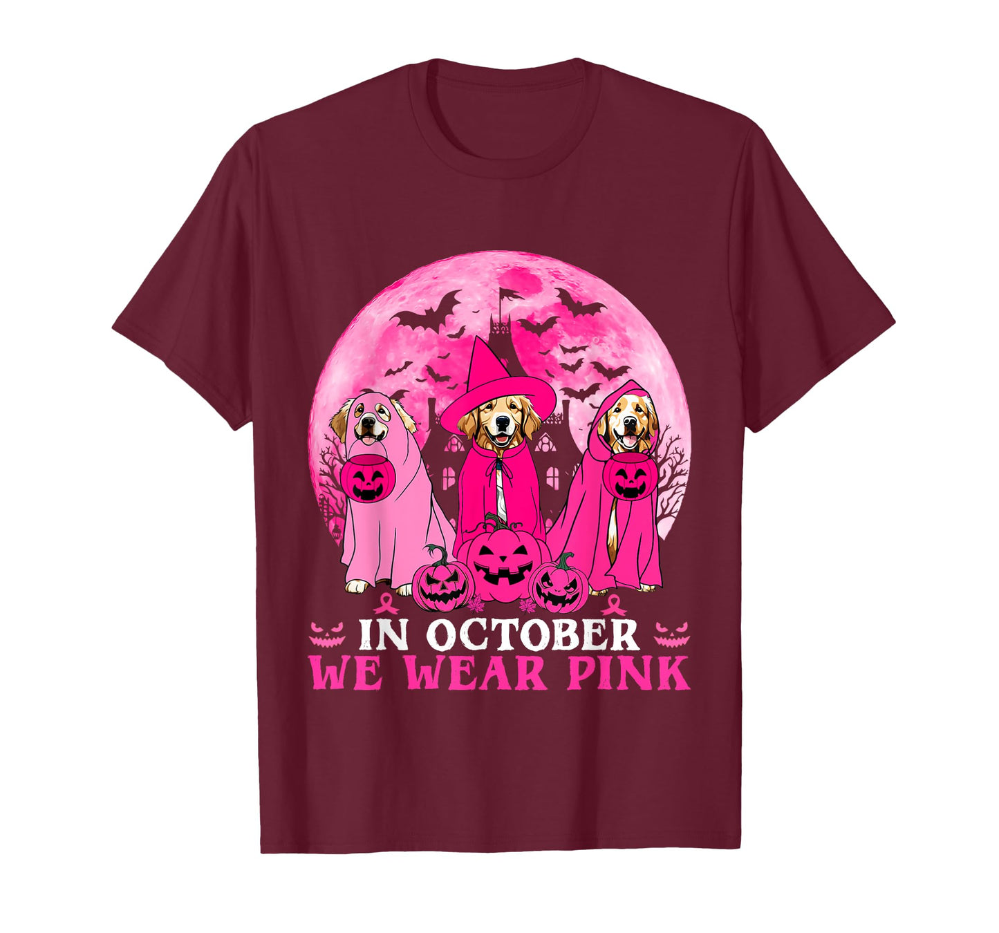 Ghost And Witch Golden Retriever In October We Wear Pink T-Shirt