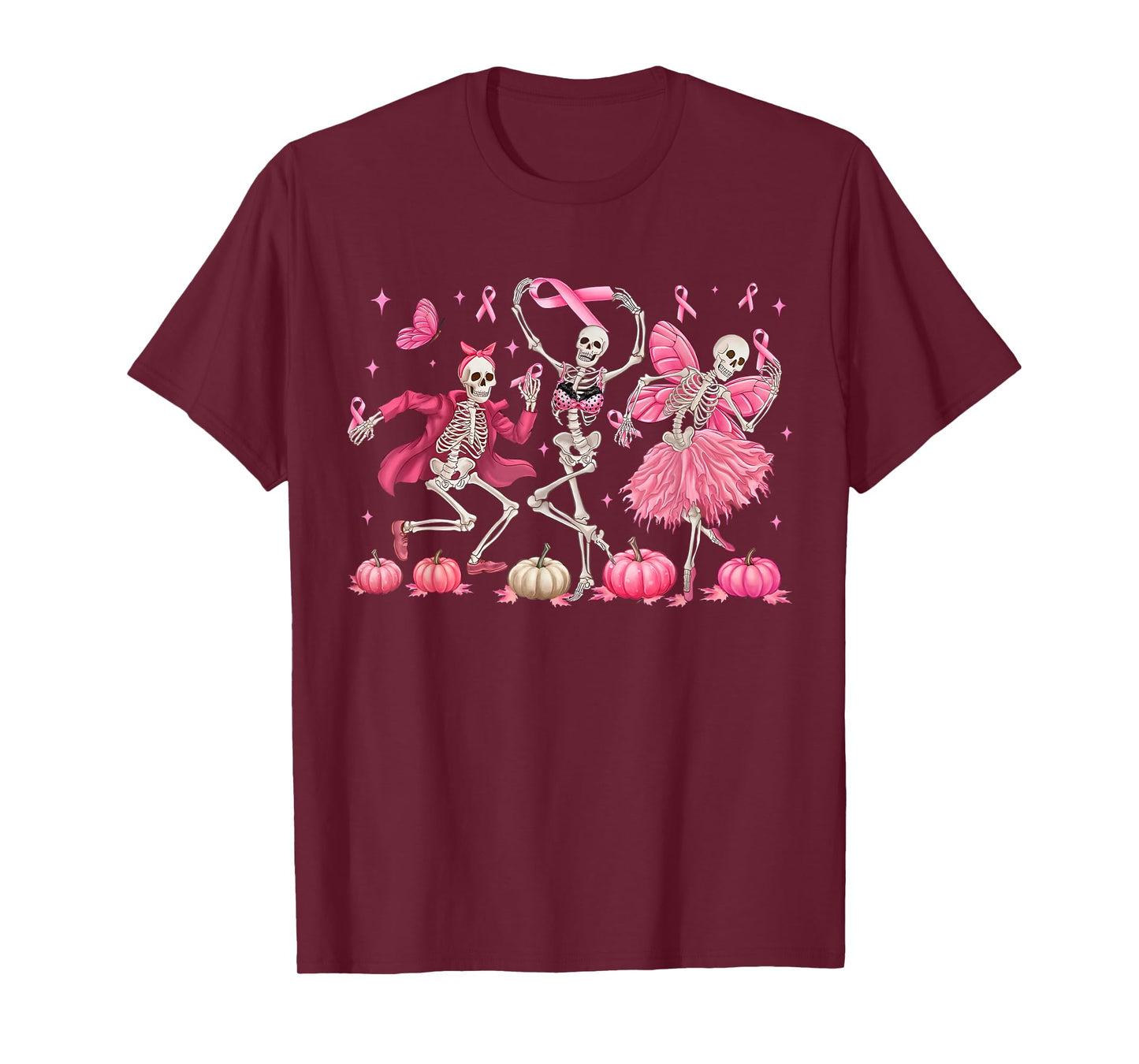 Pink Ribbon Skeleton Halloween Breast Cancer Awareness T-Shirt