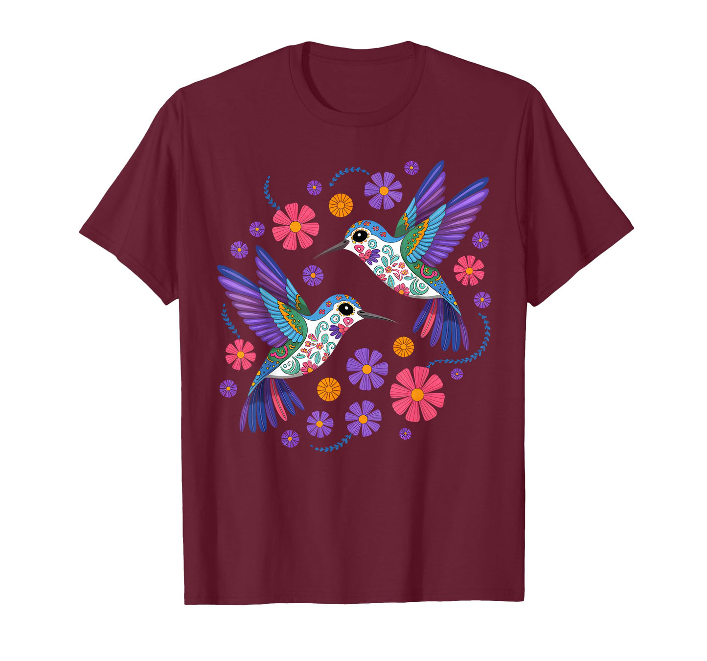 Hummingbird Colorful Mexican Flowers Bird Floral Nature T-Shirt
