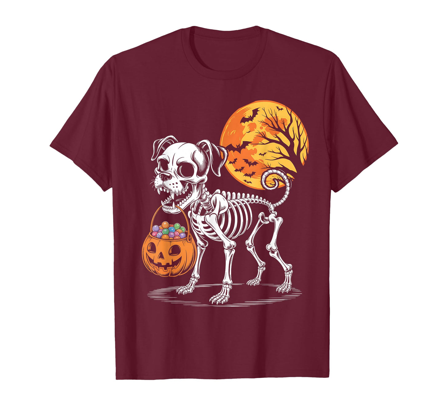 Funny Boxer Dog Skeleton Scary Pumpkin Moon Halloween T-Shirt