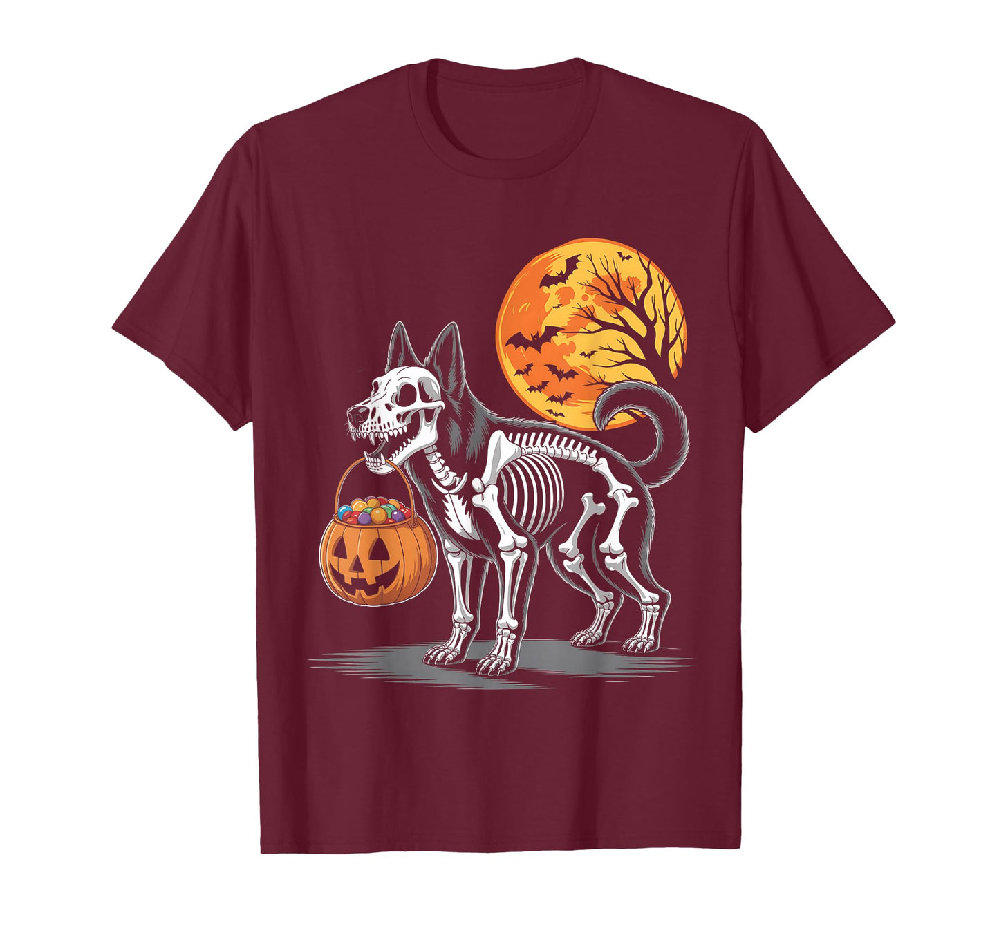 German Shepherd Dog Skeleton Scary Pumpkin Moon Halloween T-Shirt