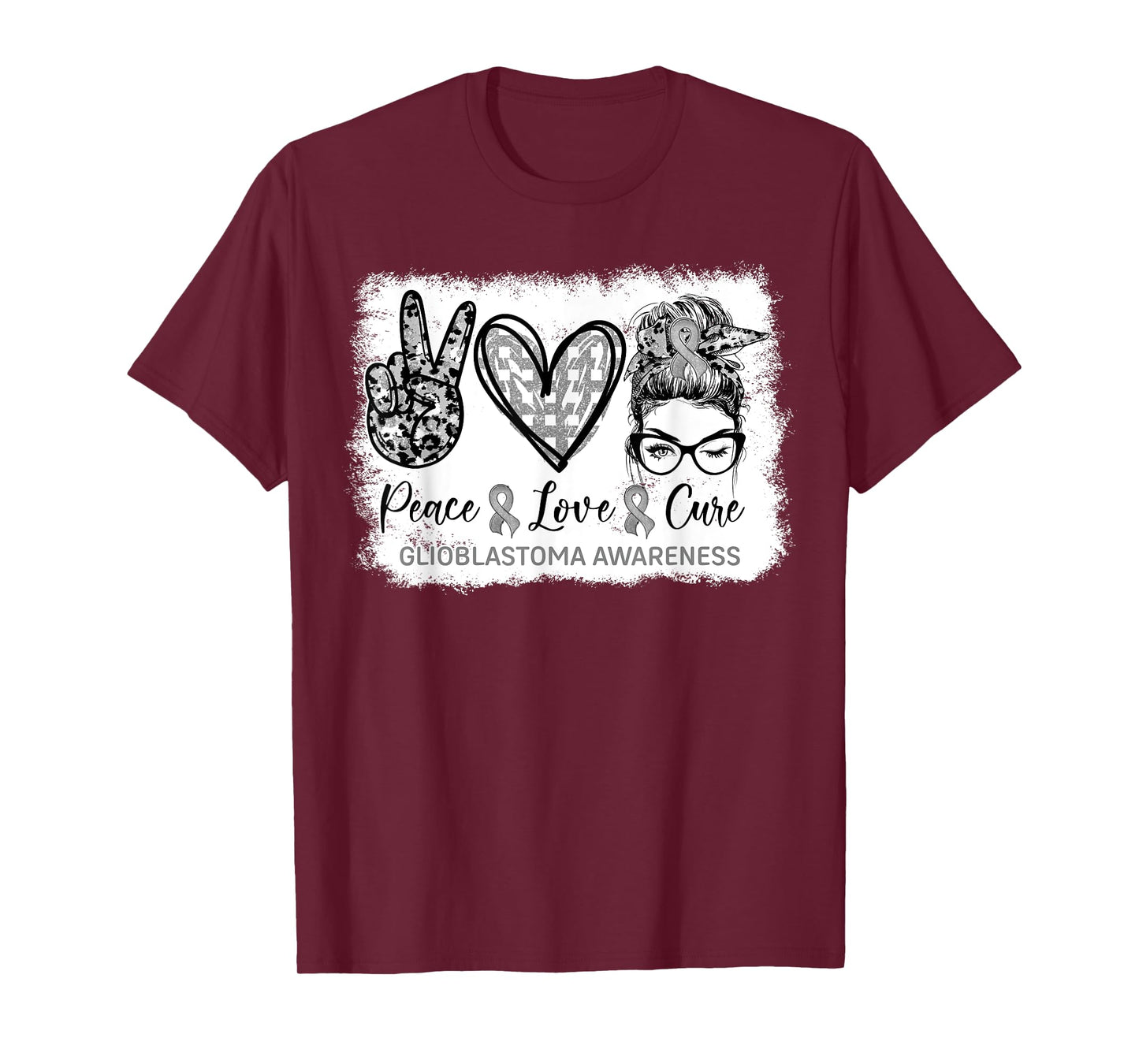 Messy Bun Peace Love Cure Gray Ribbon Glioblastoma Awareness T-Shirt